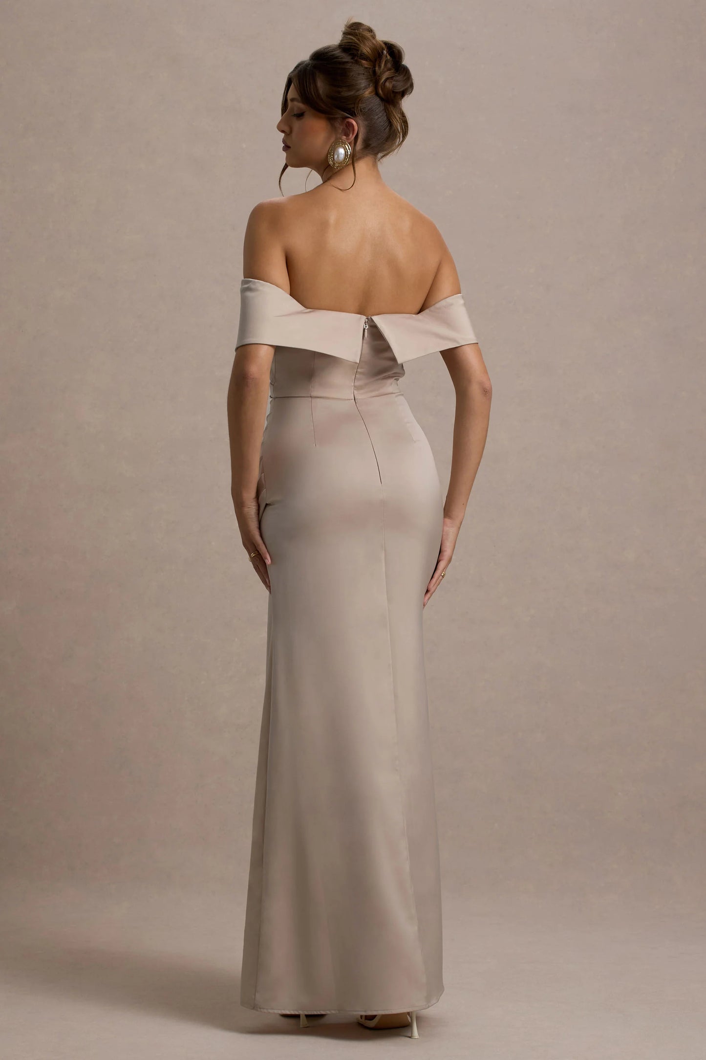 Martine Champagne Satin Bardot Wrap Maxi Dress