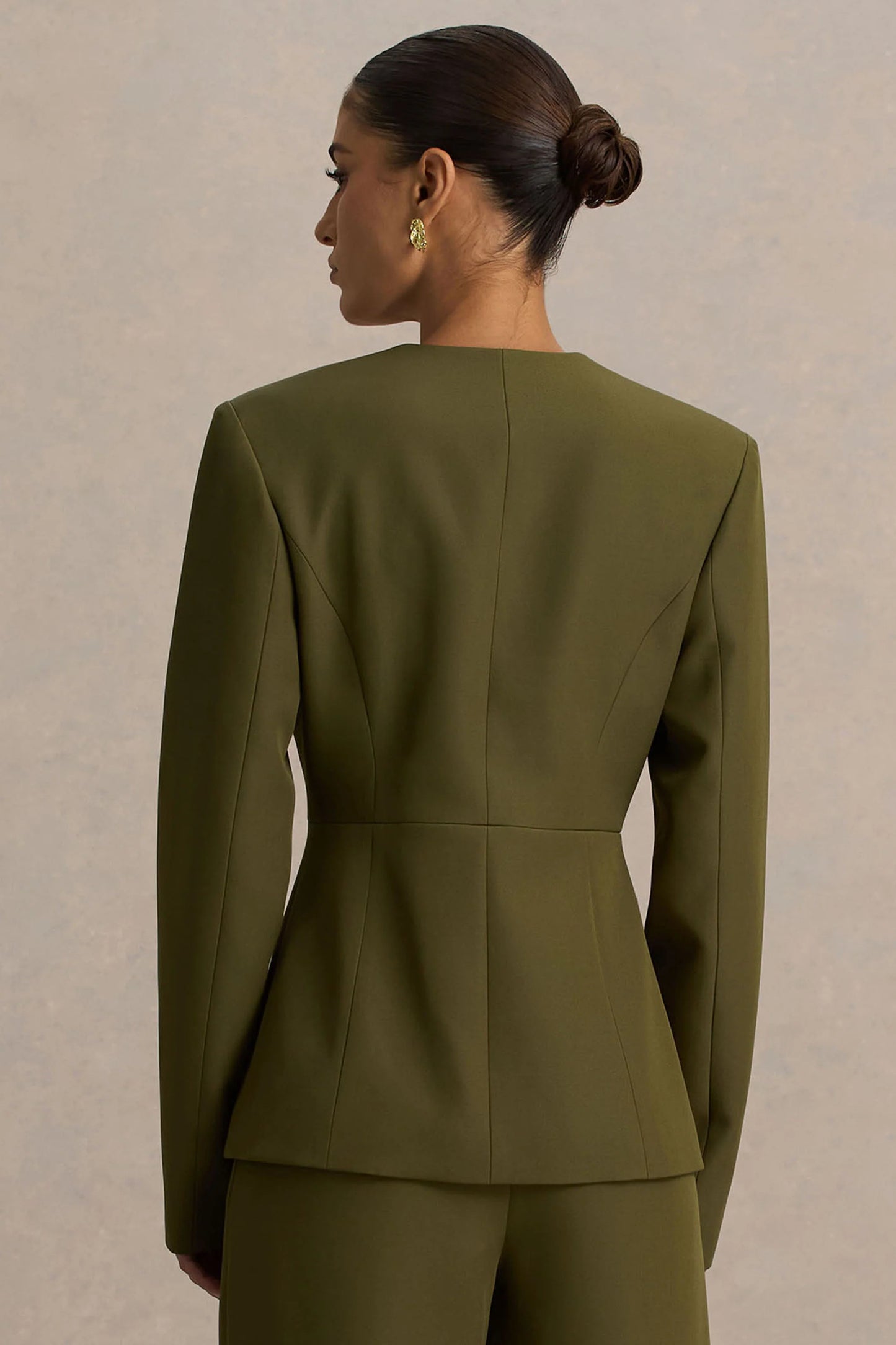 Rosalina Olive Extreme-Plunge Neck Tailored Blazer