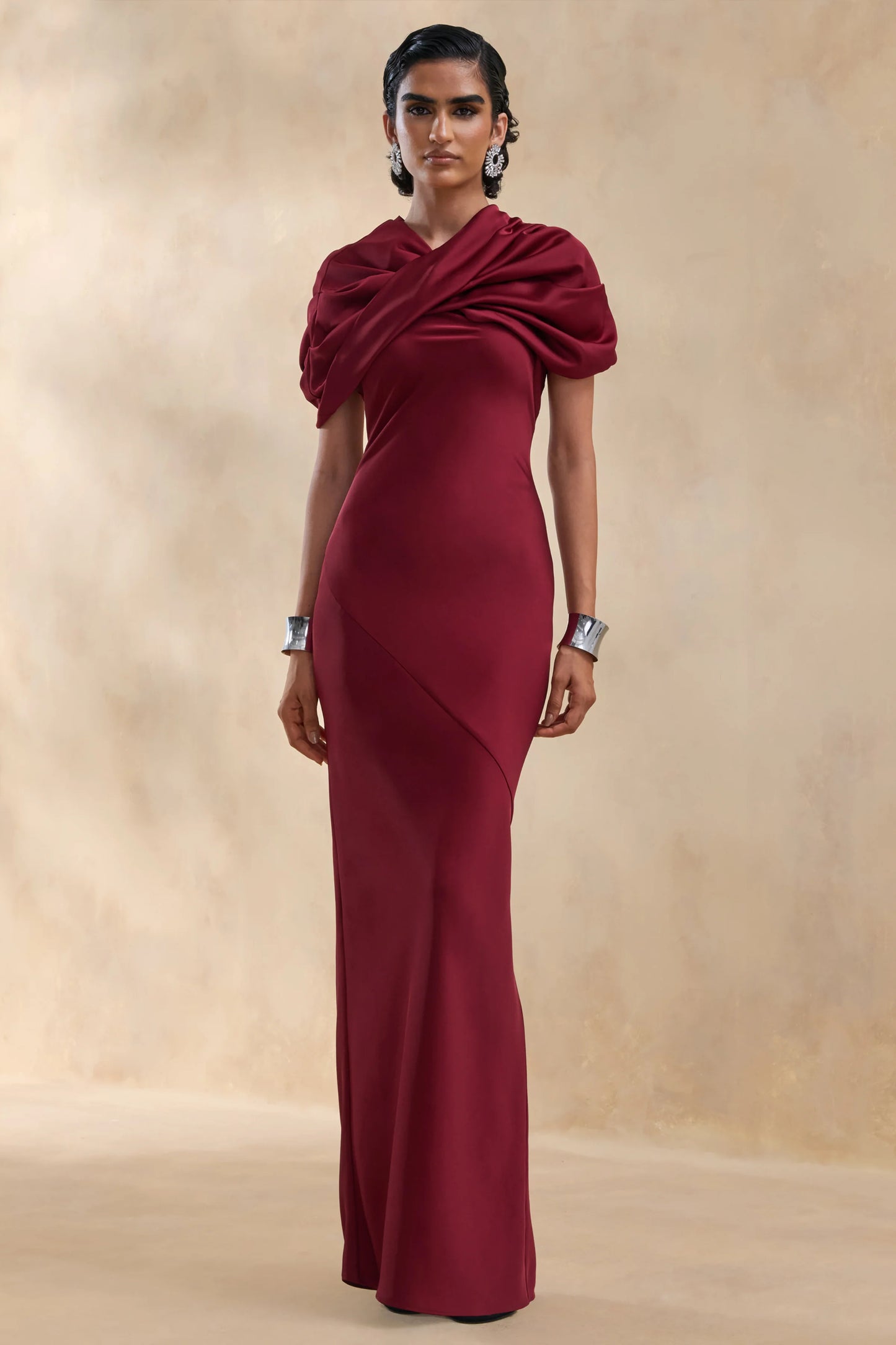 Yoli Burgundy Satin Maxi Dress With Removable Twist-Cape