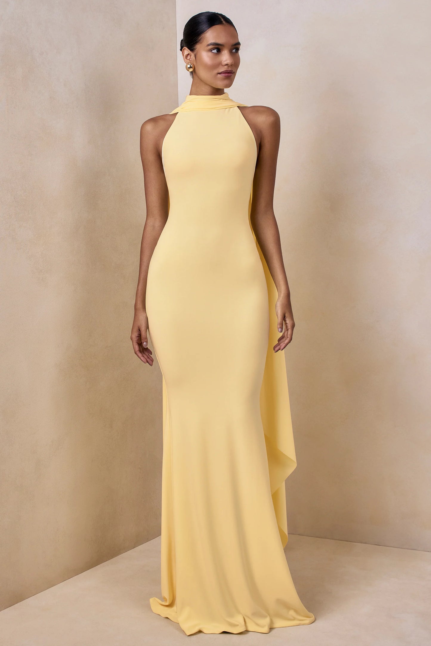 Cordy Lemon High-Neck Maxi Dress With Cape