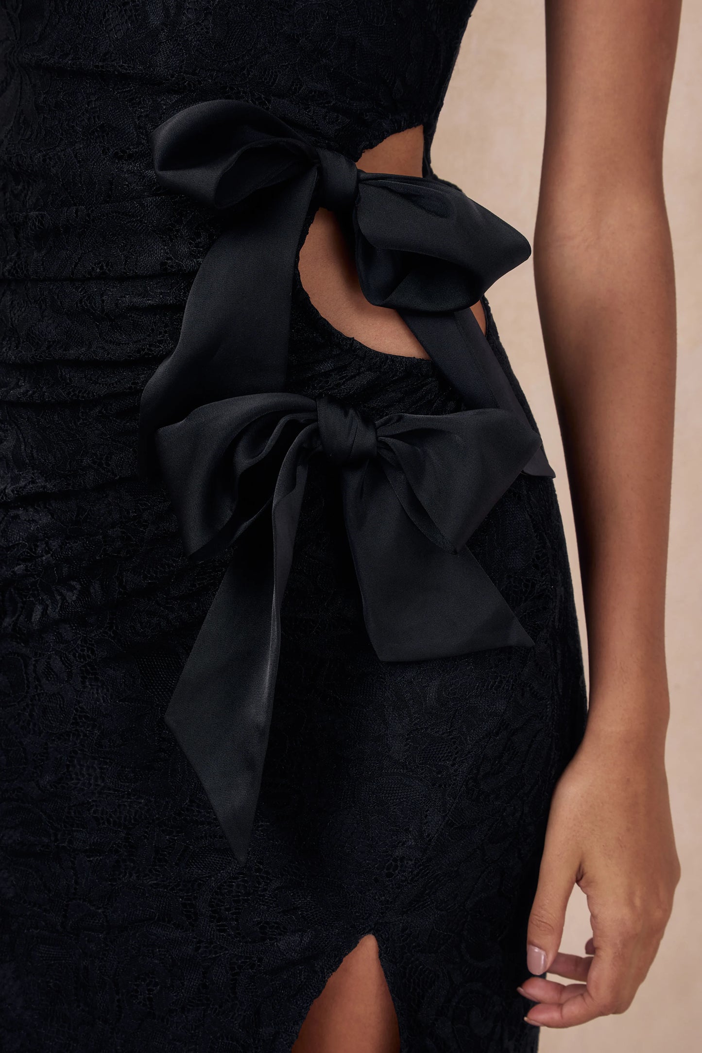 Norna Black Lace Asymmetric-Neck Maxi Dress With Cut-Out And Bow Details