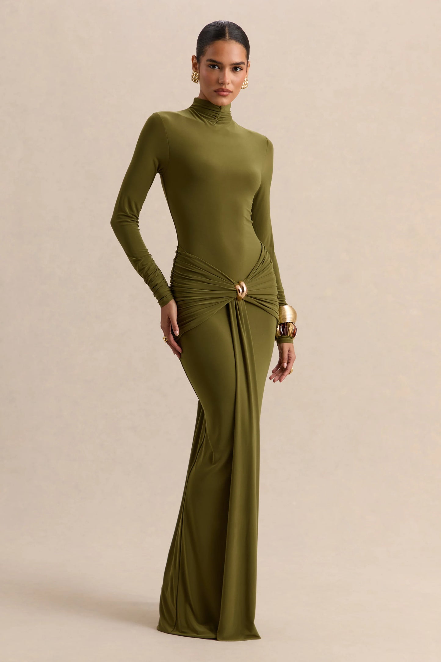 Ambrette Olive High-Neck Maxi Dress With Gathered-Detailing