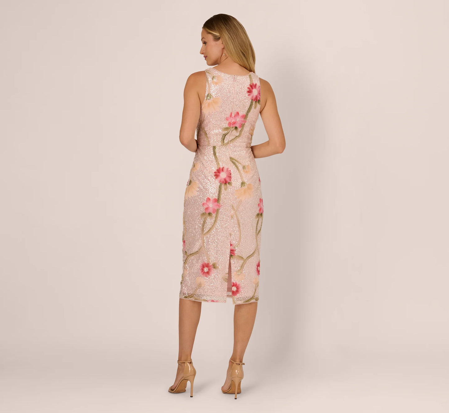 Sequin Floral Midi Sheath Dress In Silver Blush Multi
