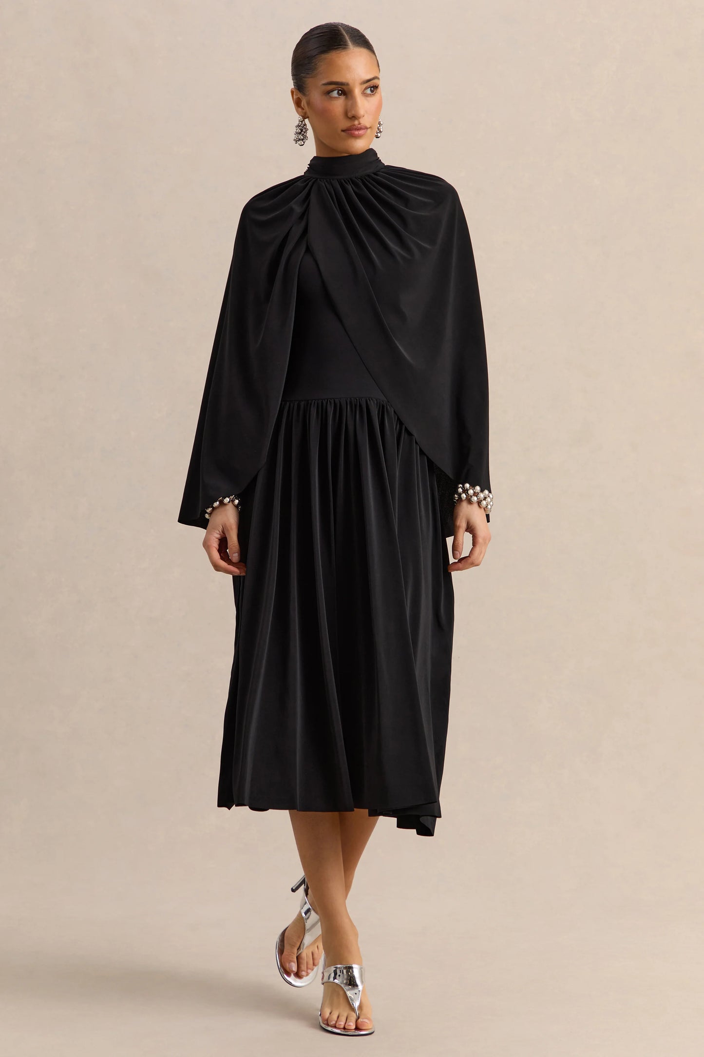 Honora Black High-Neck Midi Dress With Cape-Sleeves