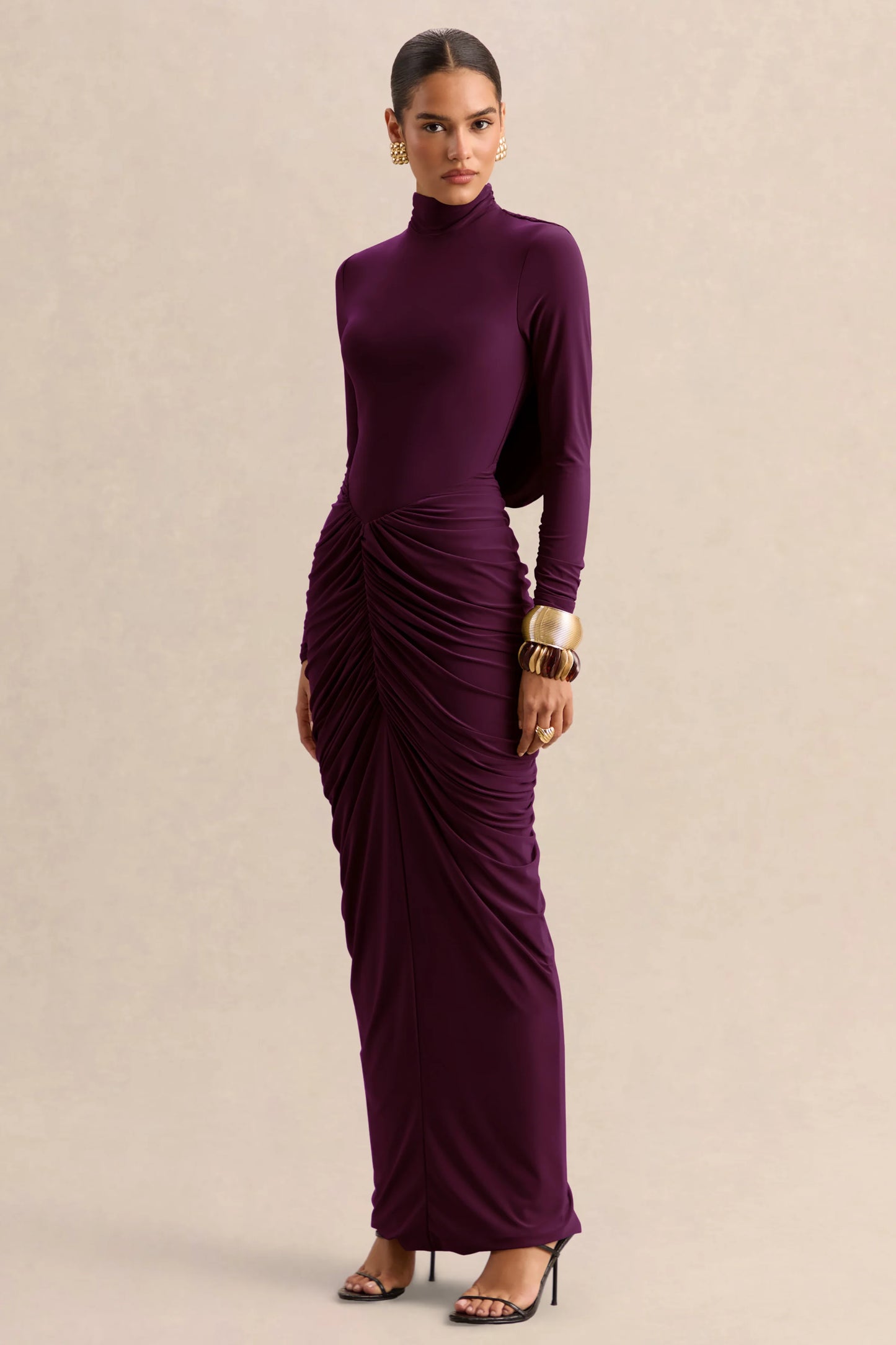 Harmona Dark Plum High-Neck Maxi Dress With Gathered And Draped-Detailing