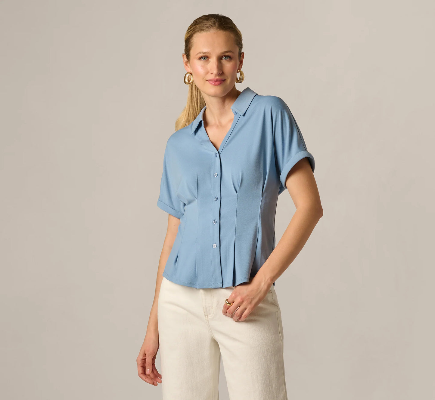 Short Sleeve Pleated Waist Blouse In Rain Washed