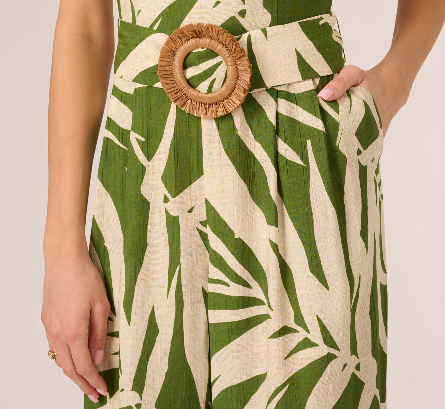 Sleeveless Palm Leaf Wide Leg Jumpsuit In Green Ivory