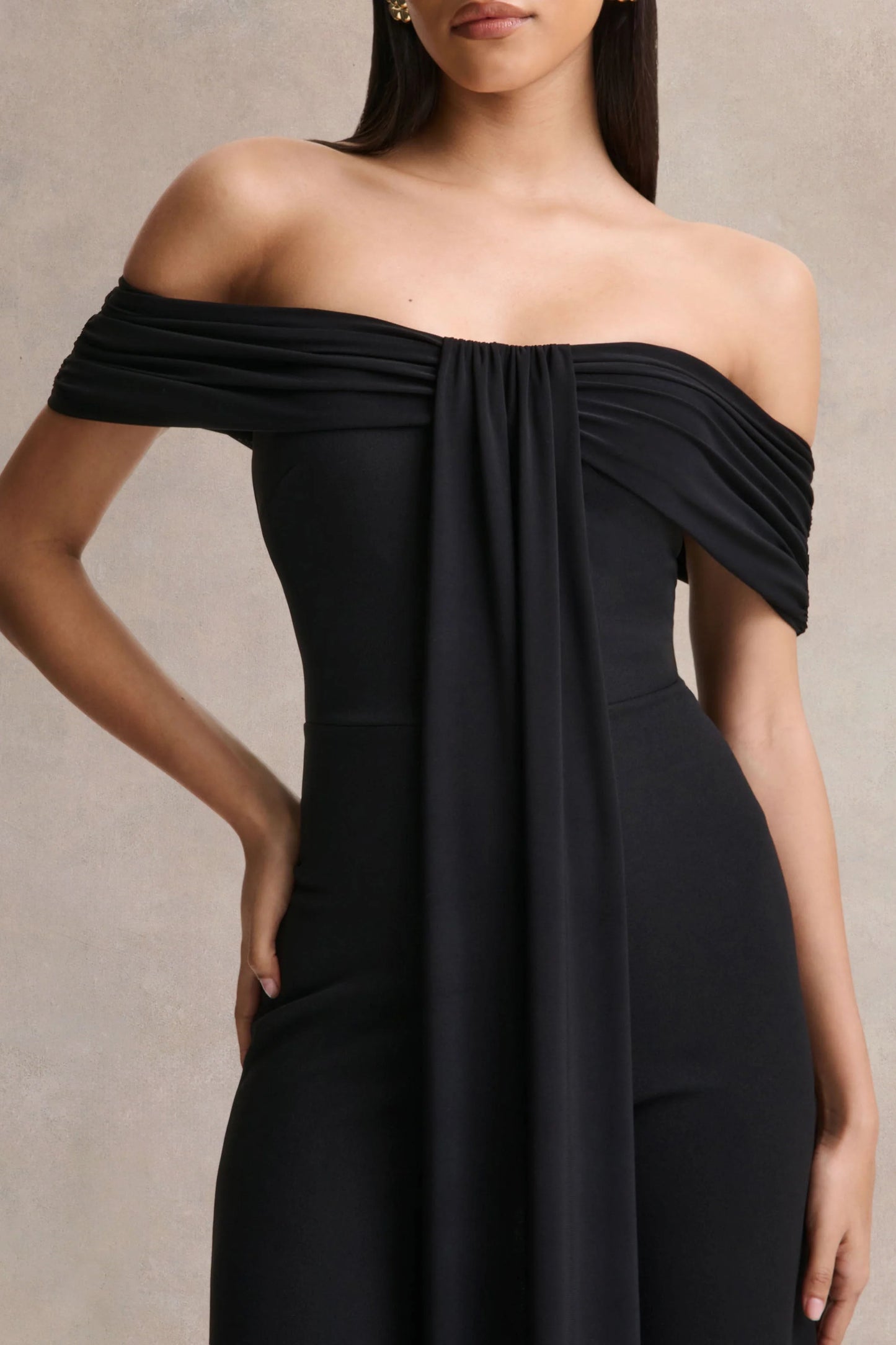 Kalida Black Bardot-Neck Jumpsuit With Sash-Detail