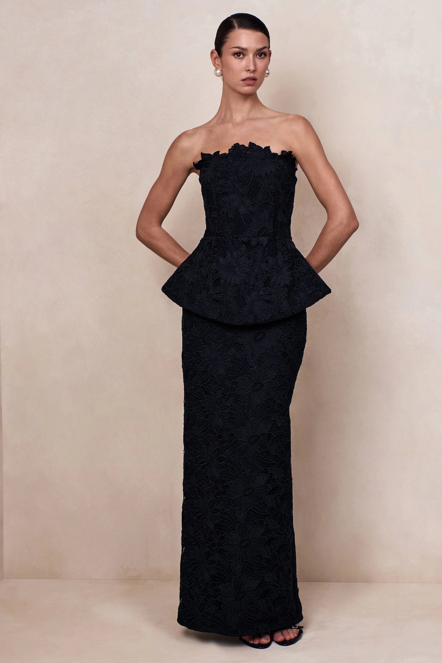 Delvine Black Lace Bandeau Corset Maxi Dress