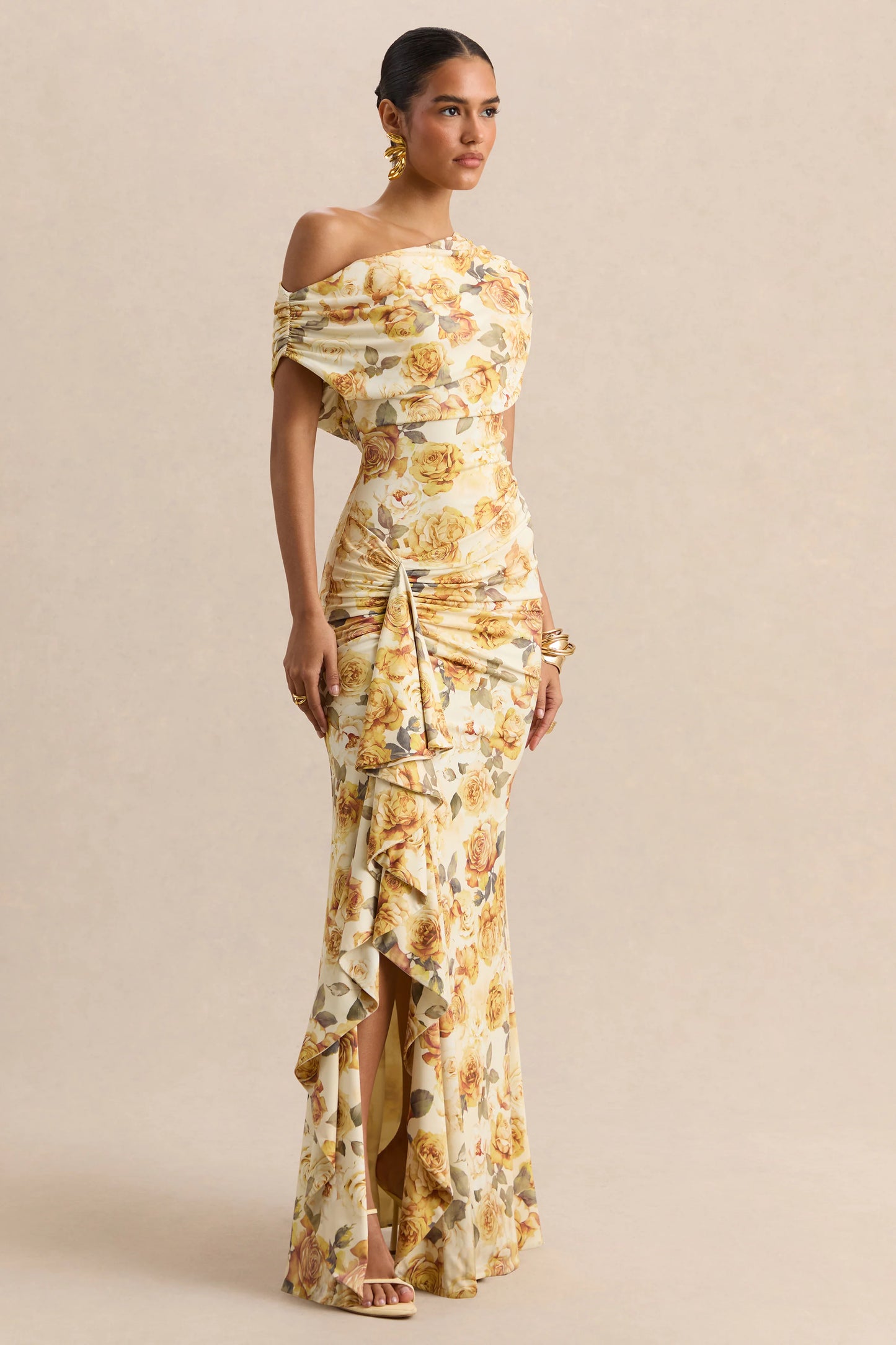 Siora Lemon Rose Print Asymmetric-Neck Maxi Dress With Draped-Detailing