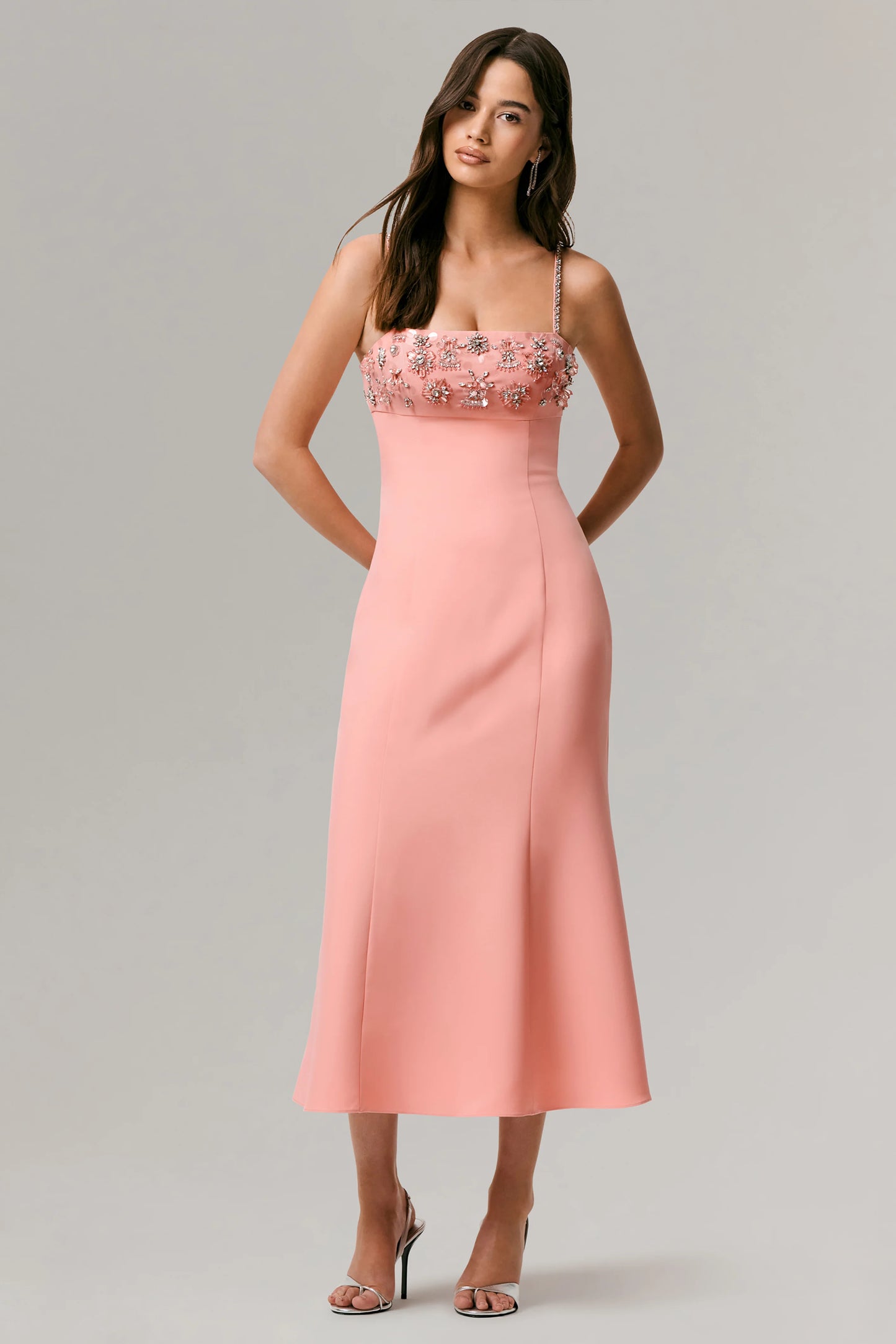 One To Remember Coral Square-Neck Embellished Midi Dress