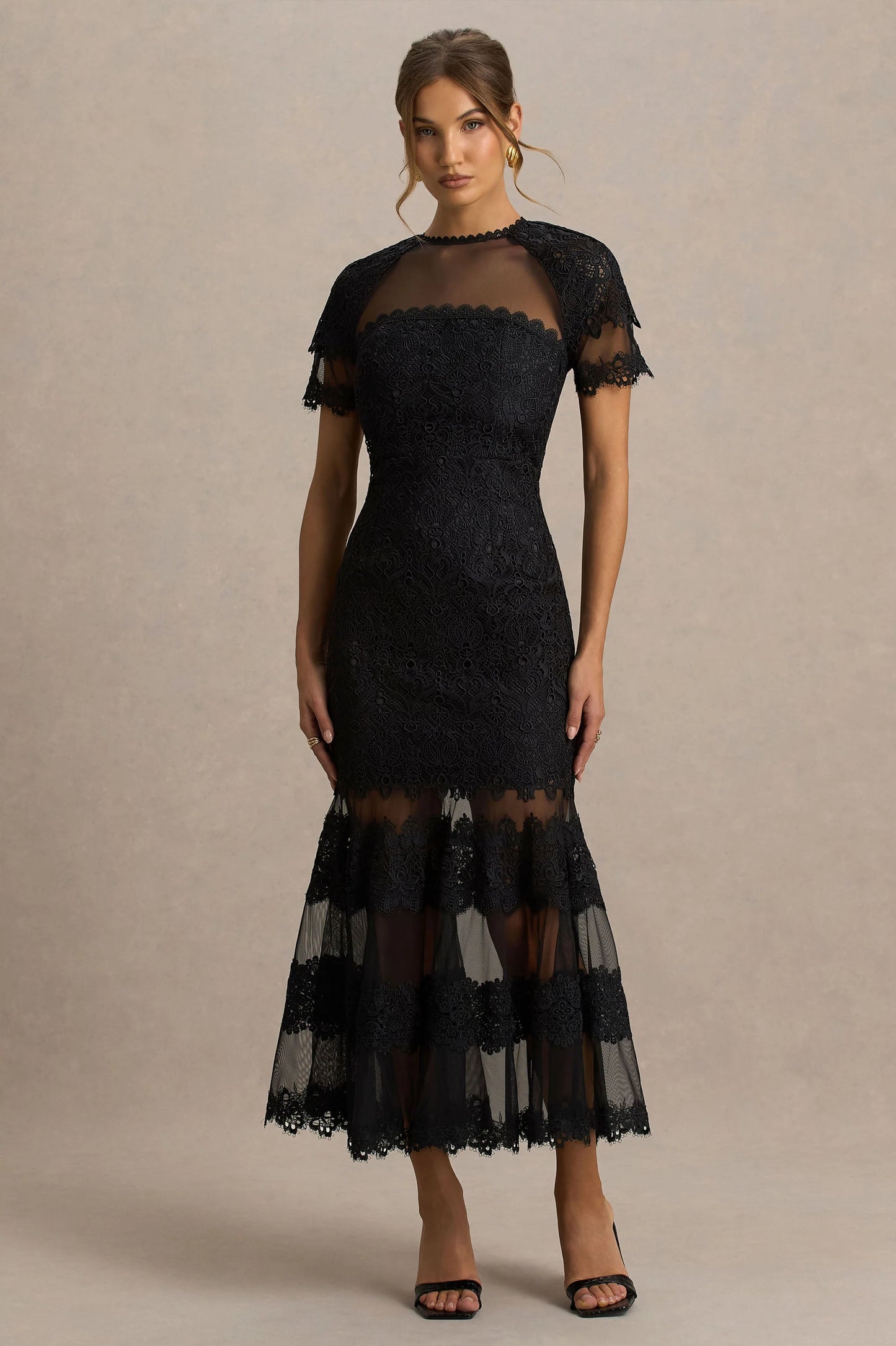 Leanne Black Mesh And Lace Crew-Neck Fishtail Midi Dress