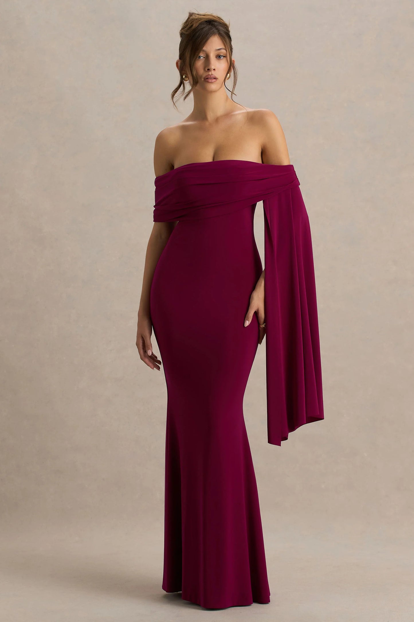Saffina Burgundy Bardot-Neck Maxi Dress With Sash Detail