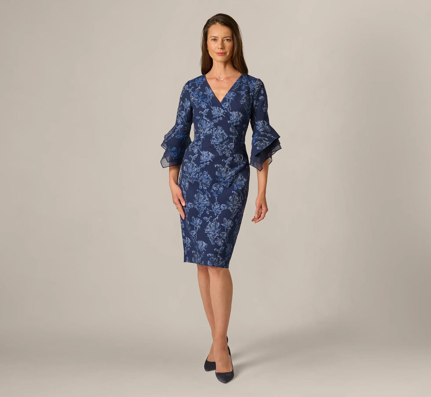 Floral Jacquard Bell Sleeve Sheath Dress In Navy Sateen