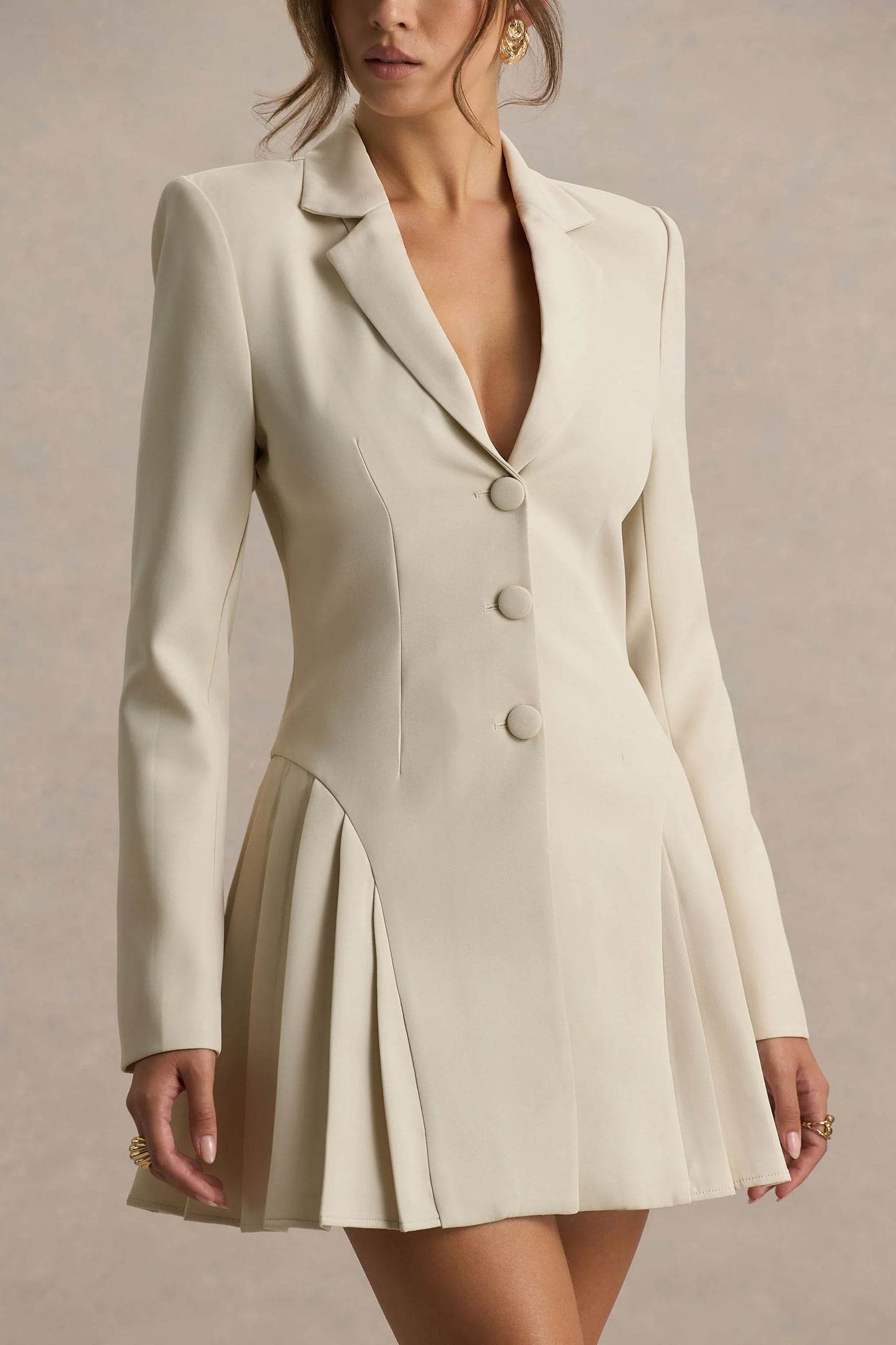 Blossoming Nude Plunge-Neck Tailored Mini Dress With Pleating