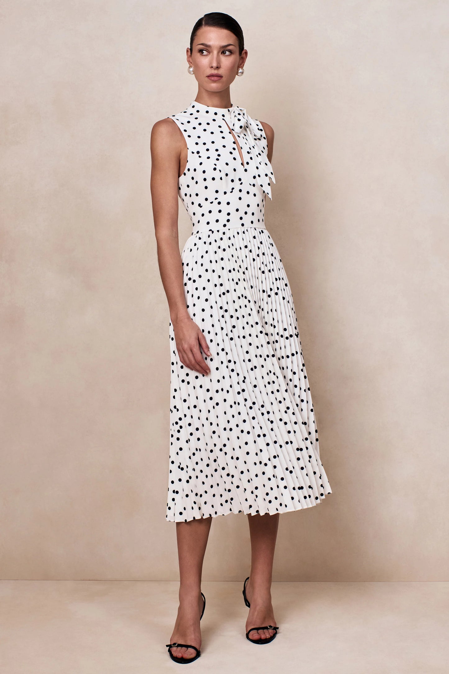 Avalon White Polka Dot Scarf-Neck Midi Dress With Pleated Skirt