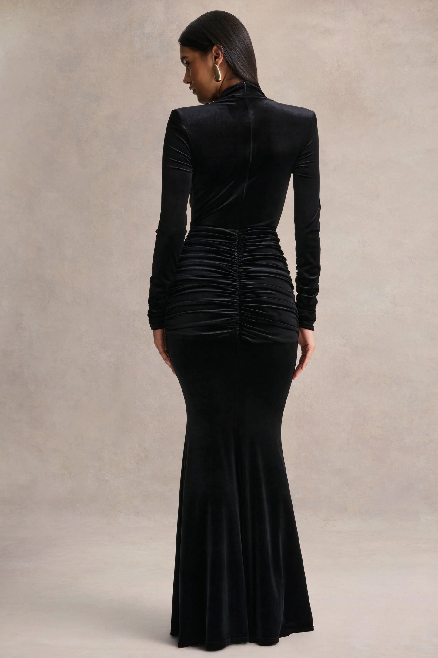 Halima Black Velvet Plunge-Neck Maxi Dress With Gathered Detailing