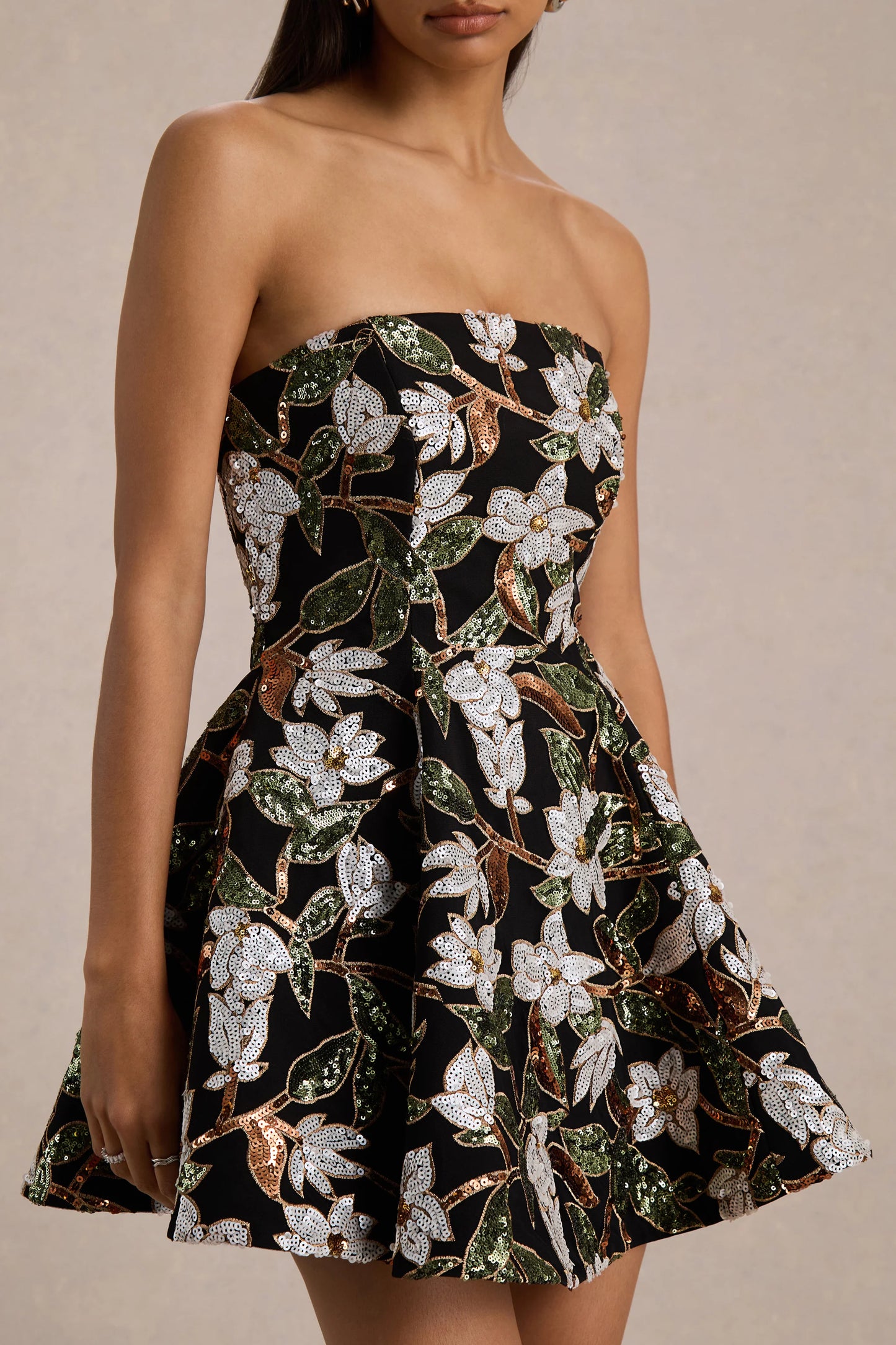 Sparky Black And Bronze Floral Embellished Bandeau Mini Dress