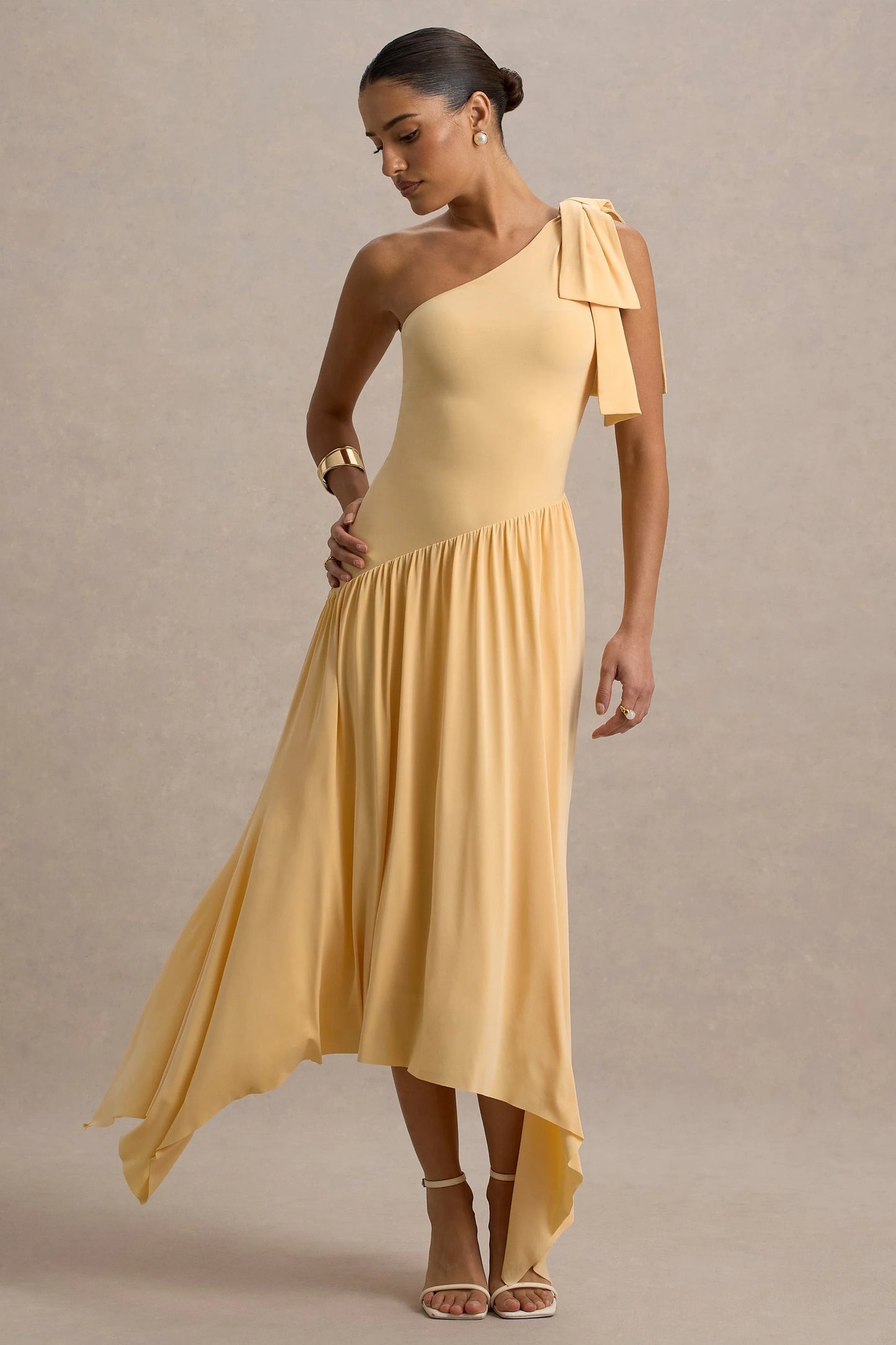 Lotus Love Orange One-Shoulder Hanky-Hem Maxi Dress With Bow