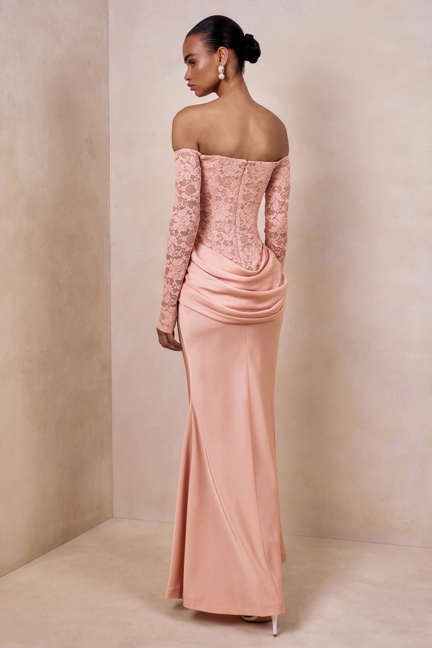 Rinna Pink Lace And Satin Bardot-Neck Maxi Dress