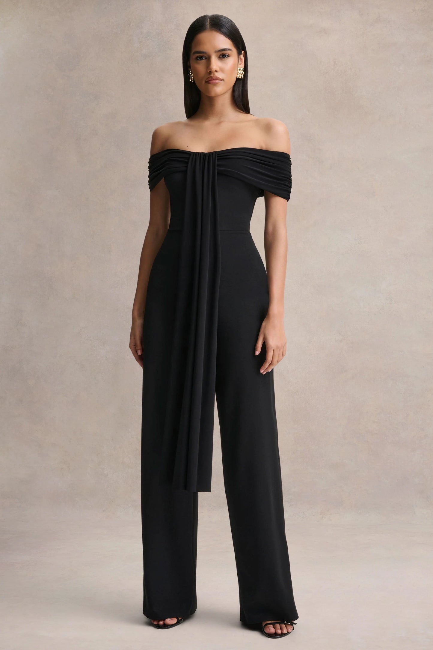 Kalida Black Bardot-Neck Jumpsuit With Sash-Detail