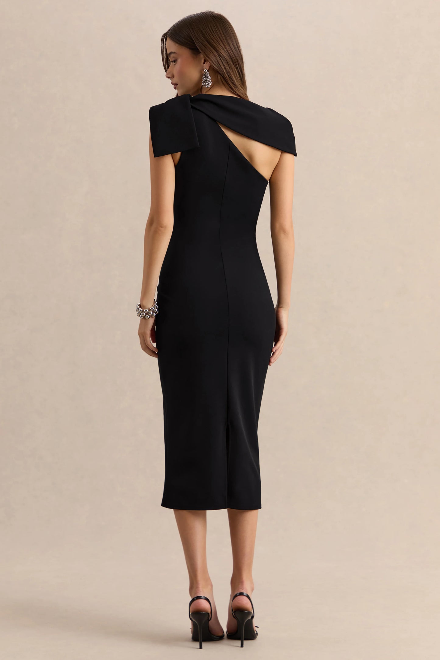 Clarina Black Asymmetric-Neck Midi Dress With Bow-Detail