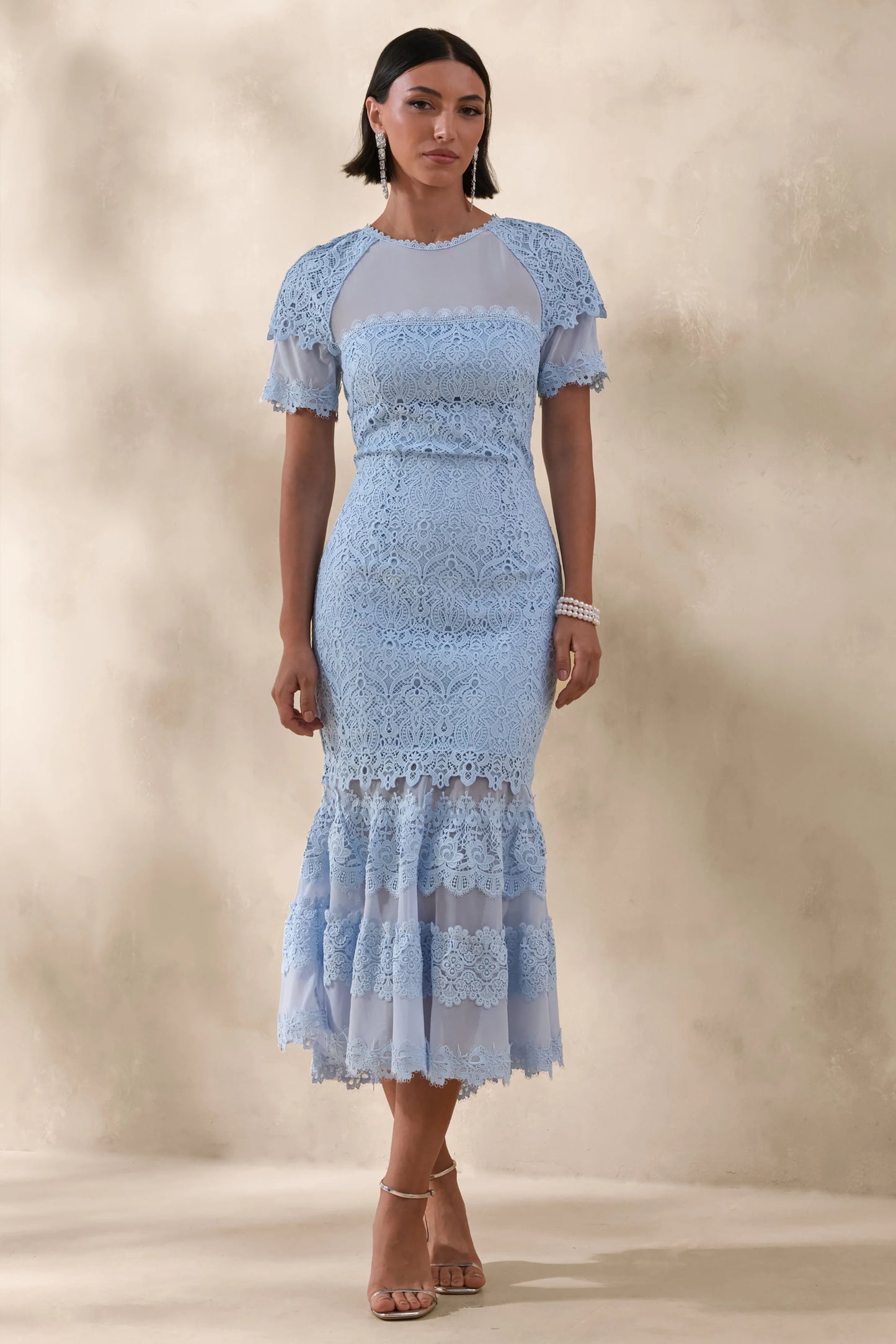 Leanne Powder Blue Mesh And Lace Crew-Neck Fishtail Midi Dress