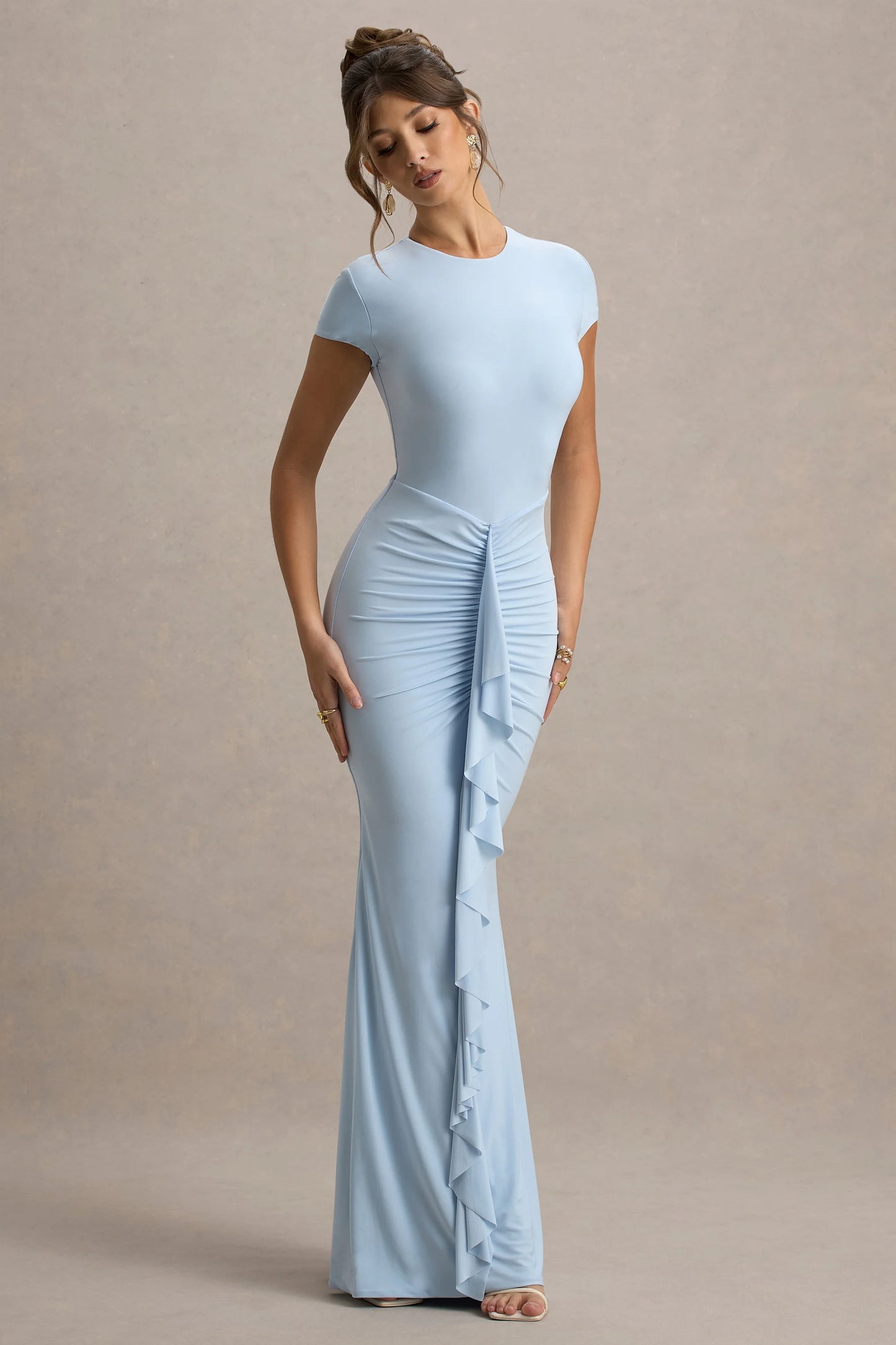 Vincenza Powder Blue Short-Sleeve Gathered Maxi Dress