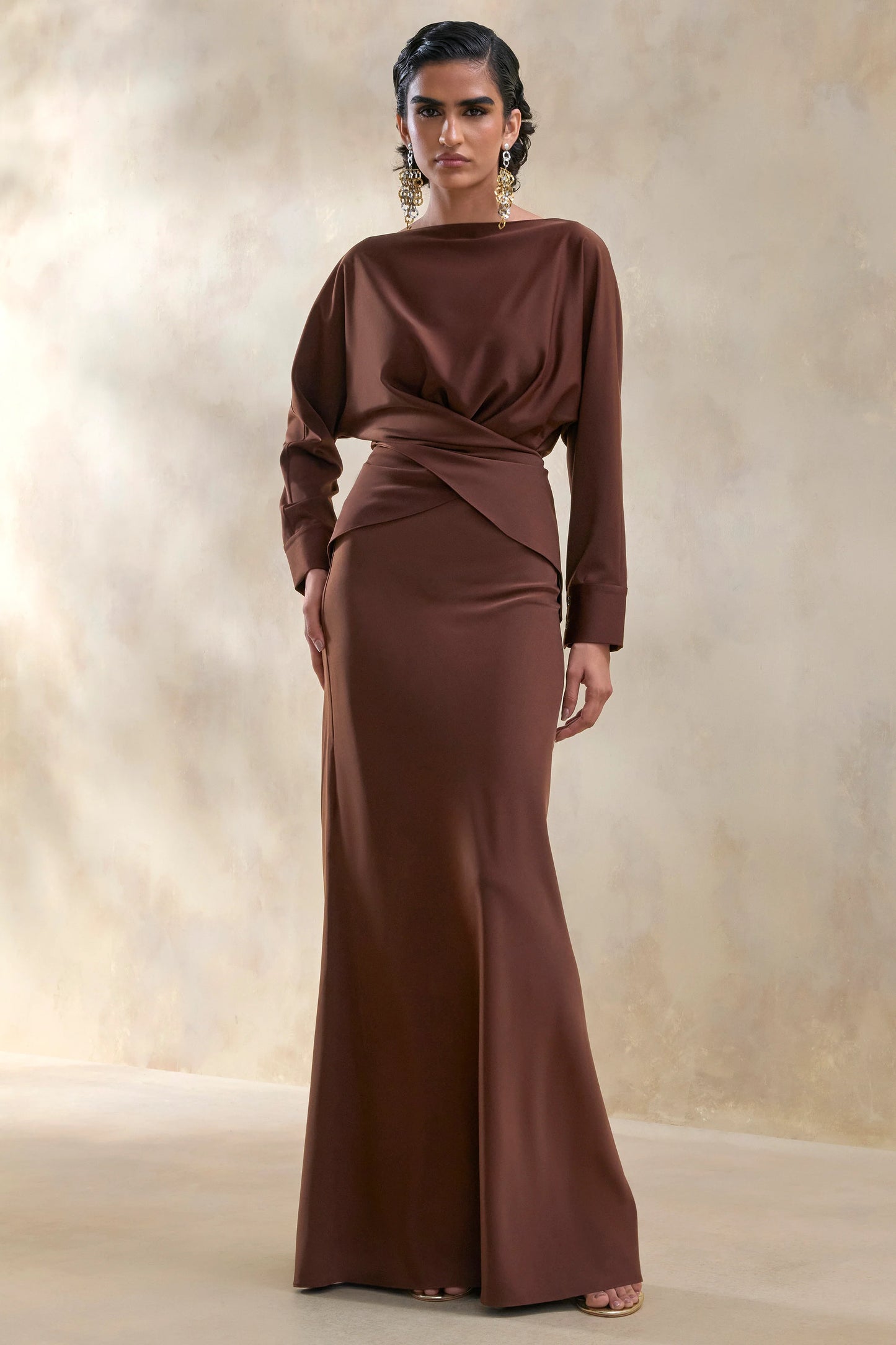 Elaria Brown Satin Maxi-Skirt