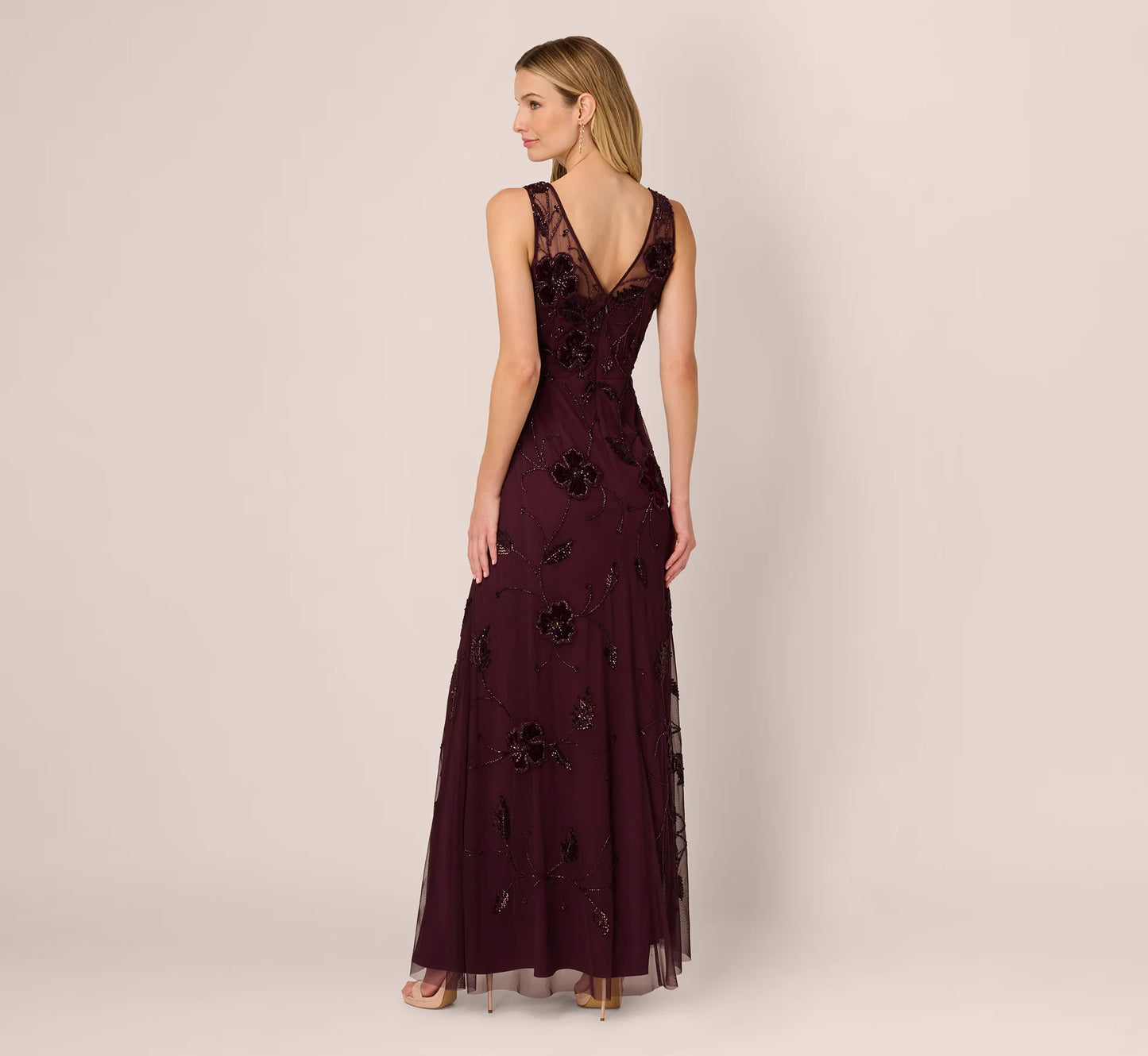 Sleeveless Velvet Beaded Floral Gown In Night Plum