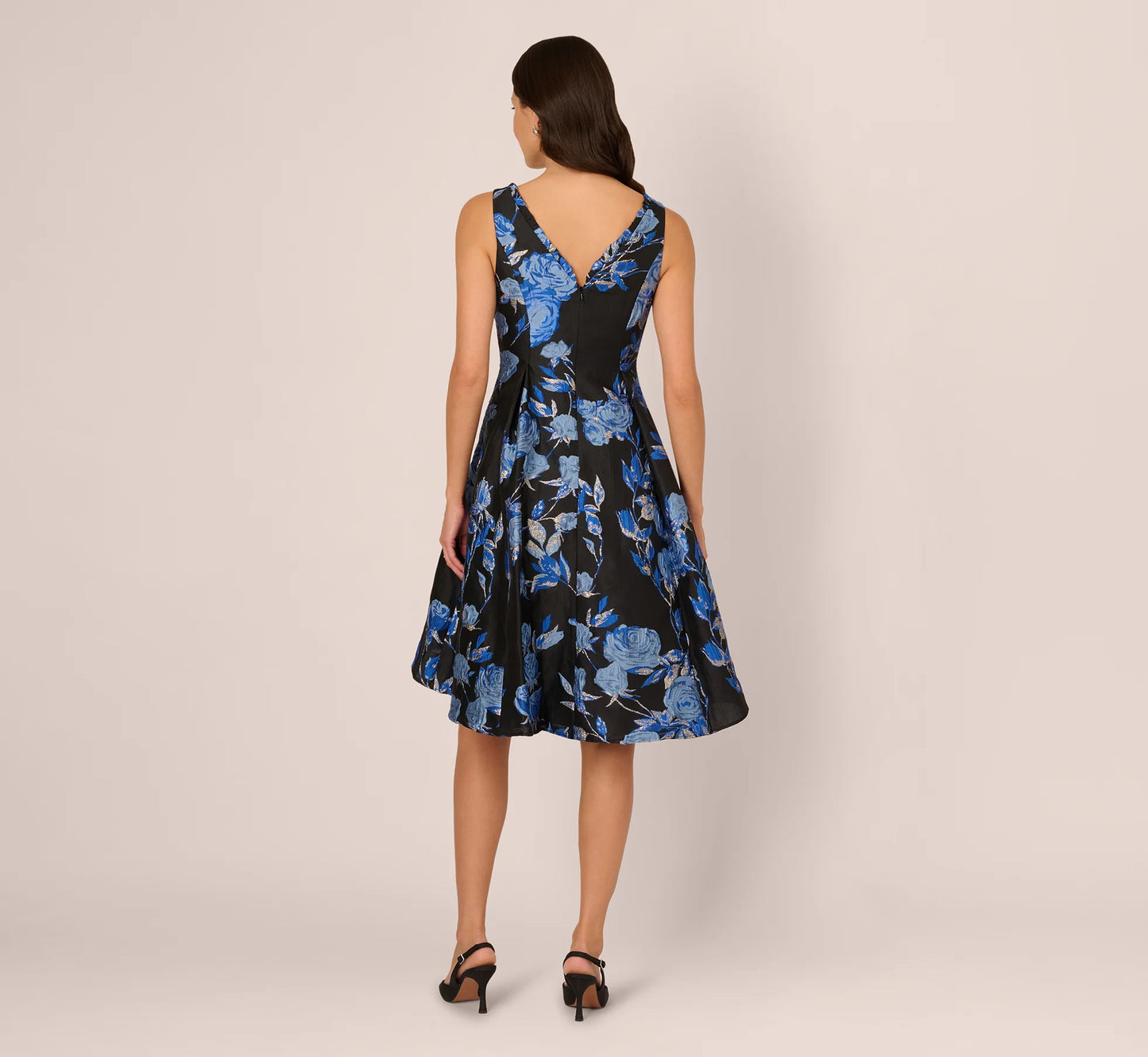 Floral Jacquard Short Fit And Flare Dress In Blue Black Multi