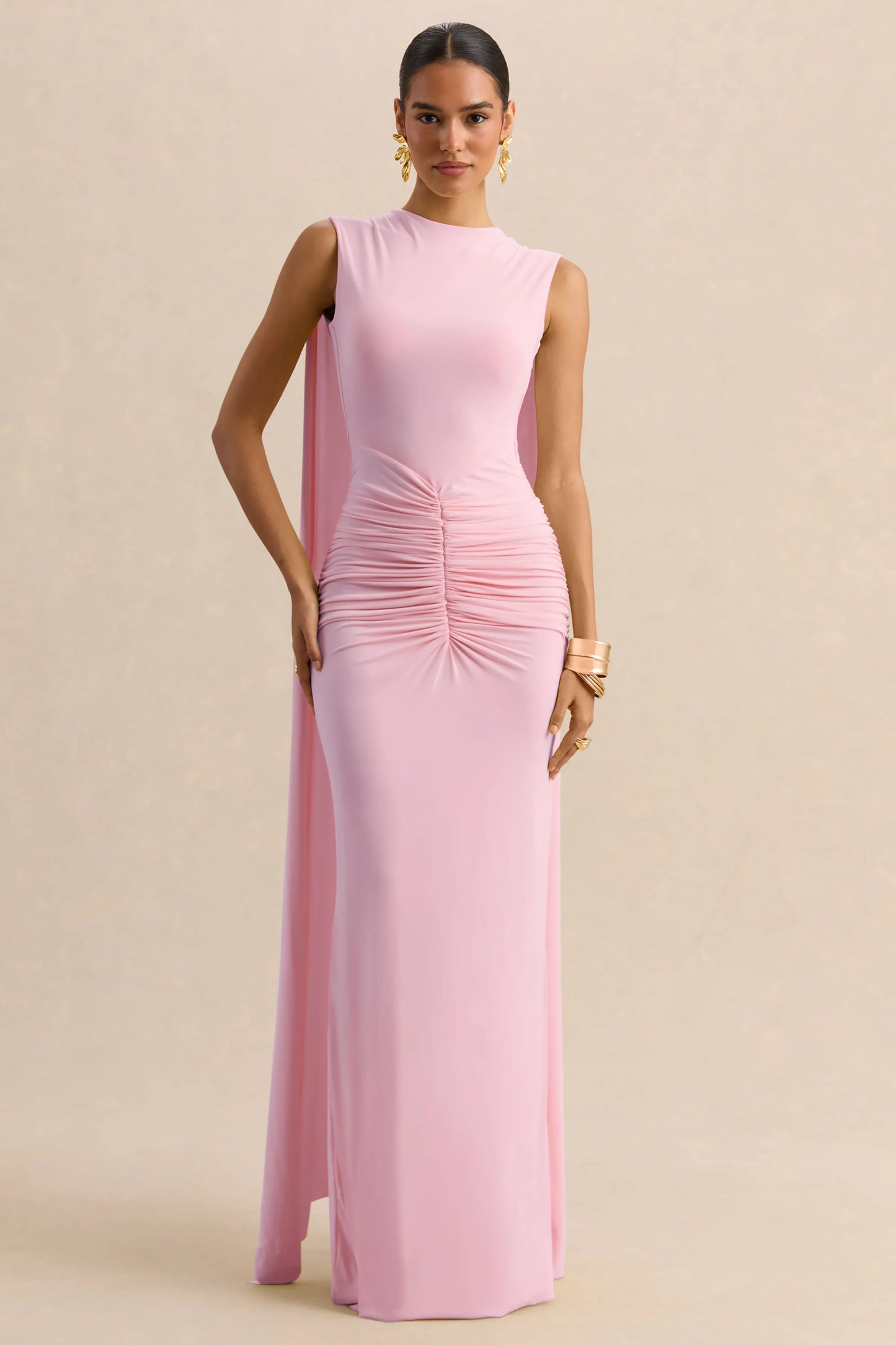 Premiere Light Pink Boat-Neck Maxi Dress With Cape-Sleeves And Open-Back
