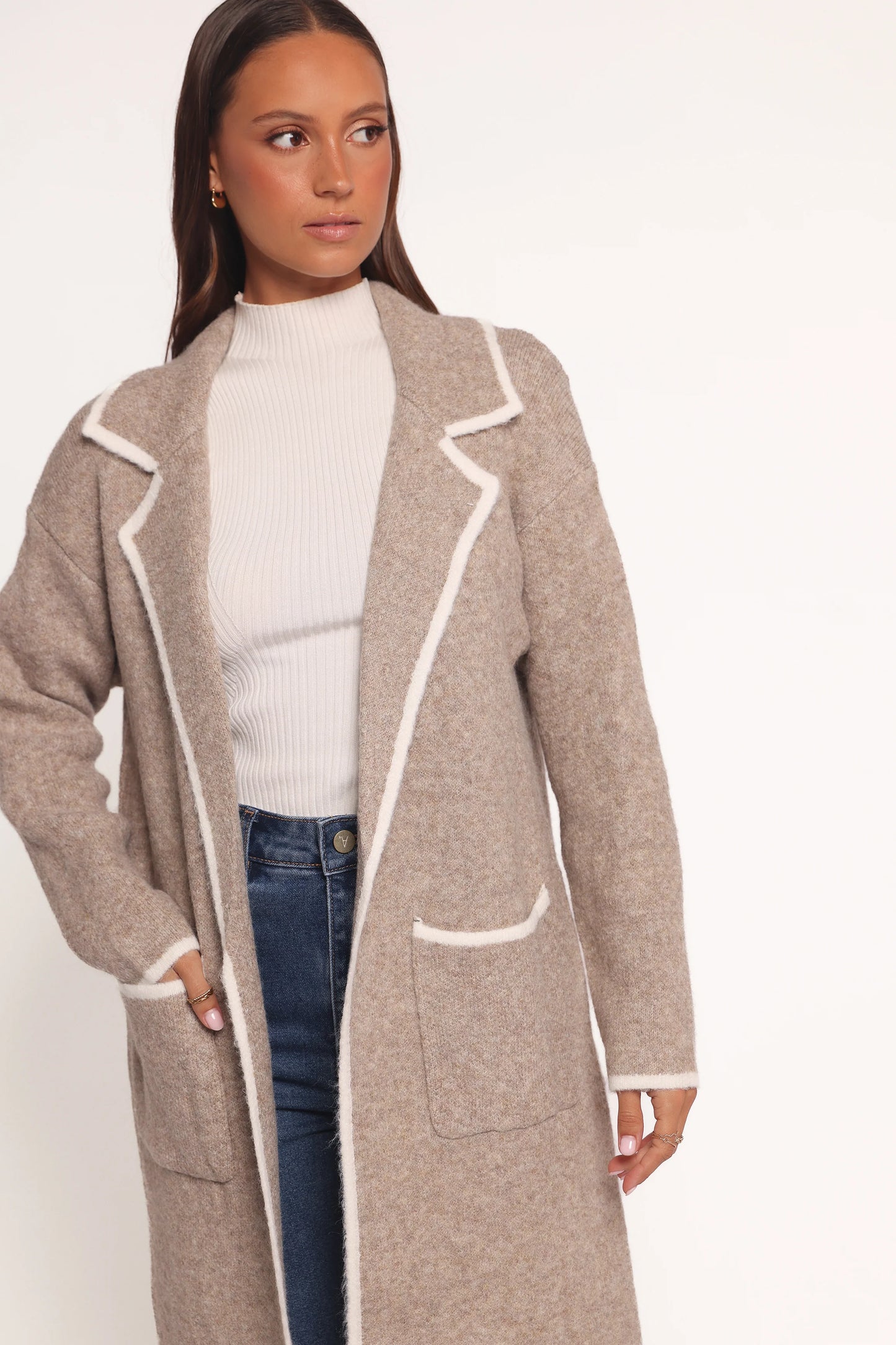 Katia Contrast Trim Coatigan - Beige