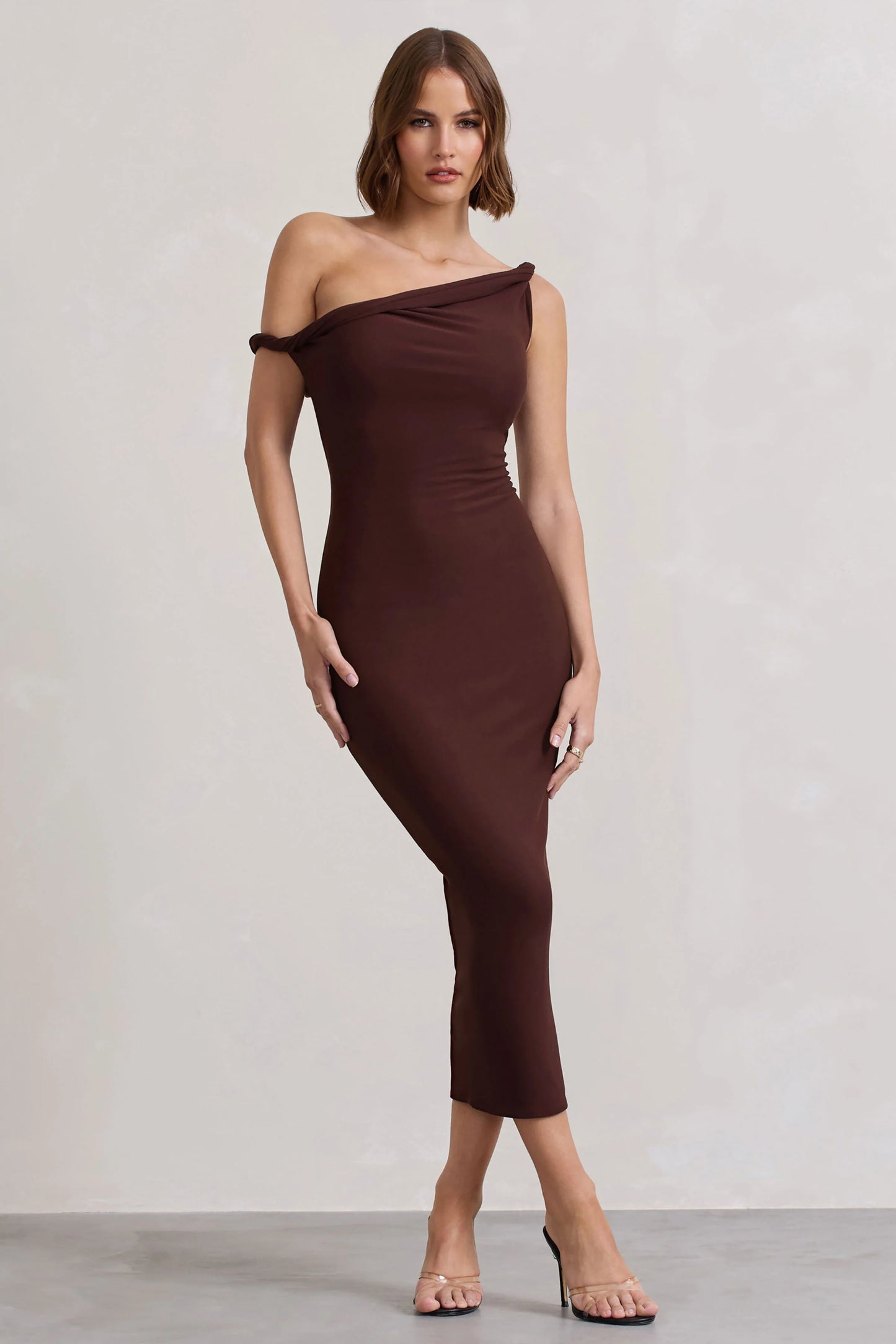 Salome Chocolate Brown Twisted Asymmetric Midi Dress