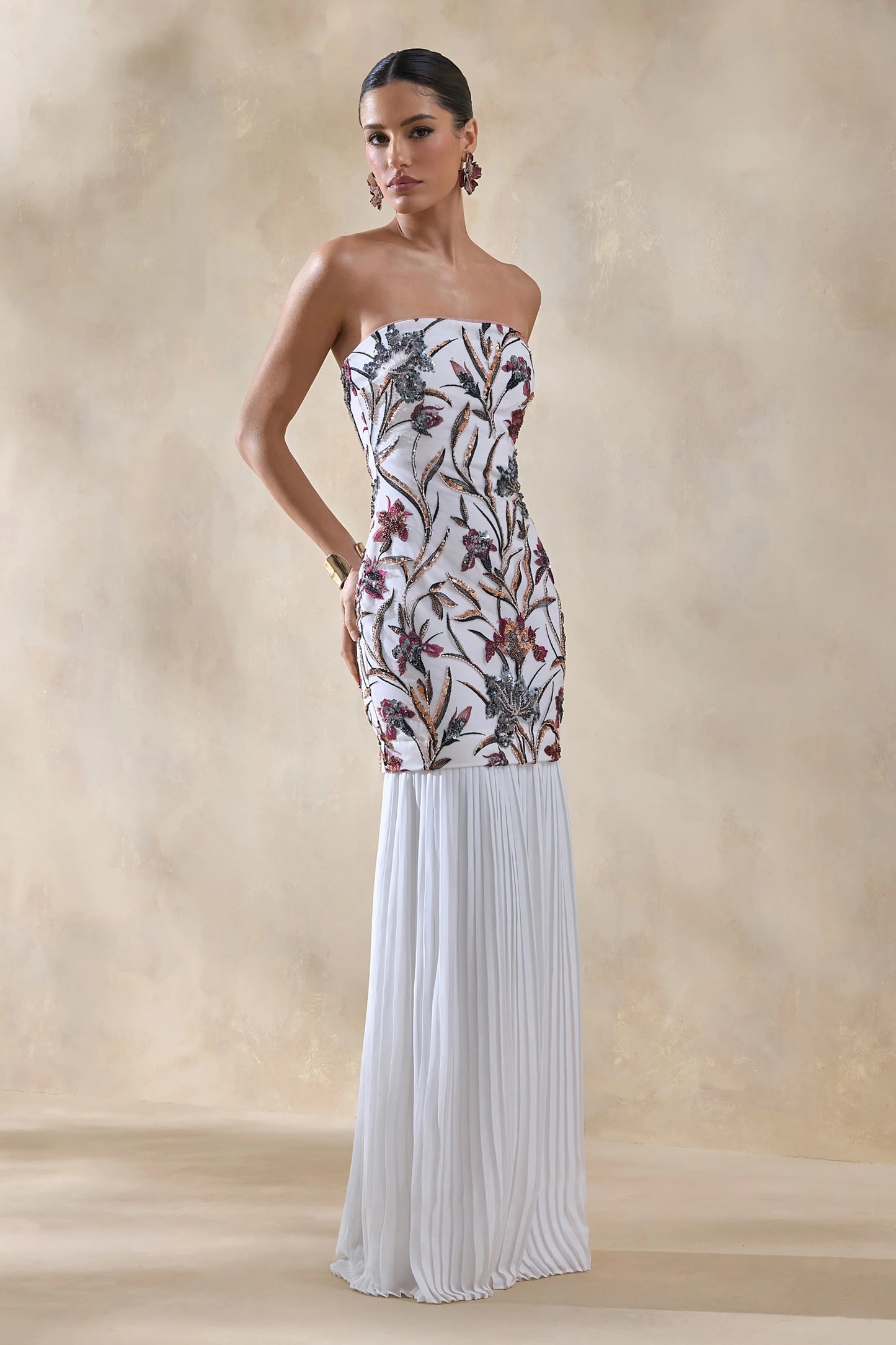 Denise Cream Sequin Floral Bandeau-Neck Embellished Maxi Dress With Drop-Waist And Mesh Skirt