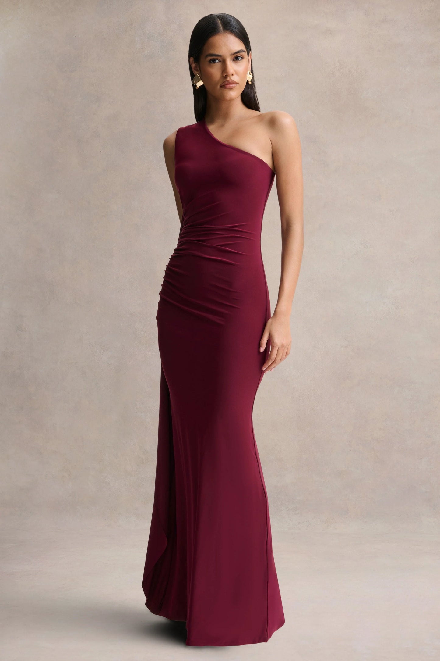 Adelina Burgundy One-Shoulder Maxi Dress With Drape