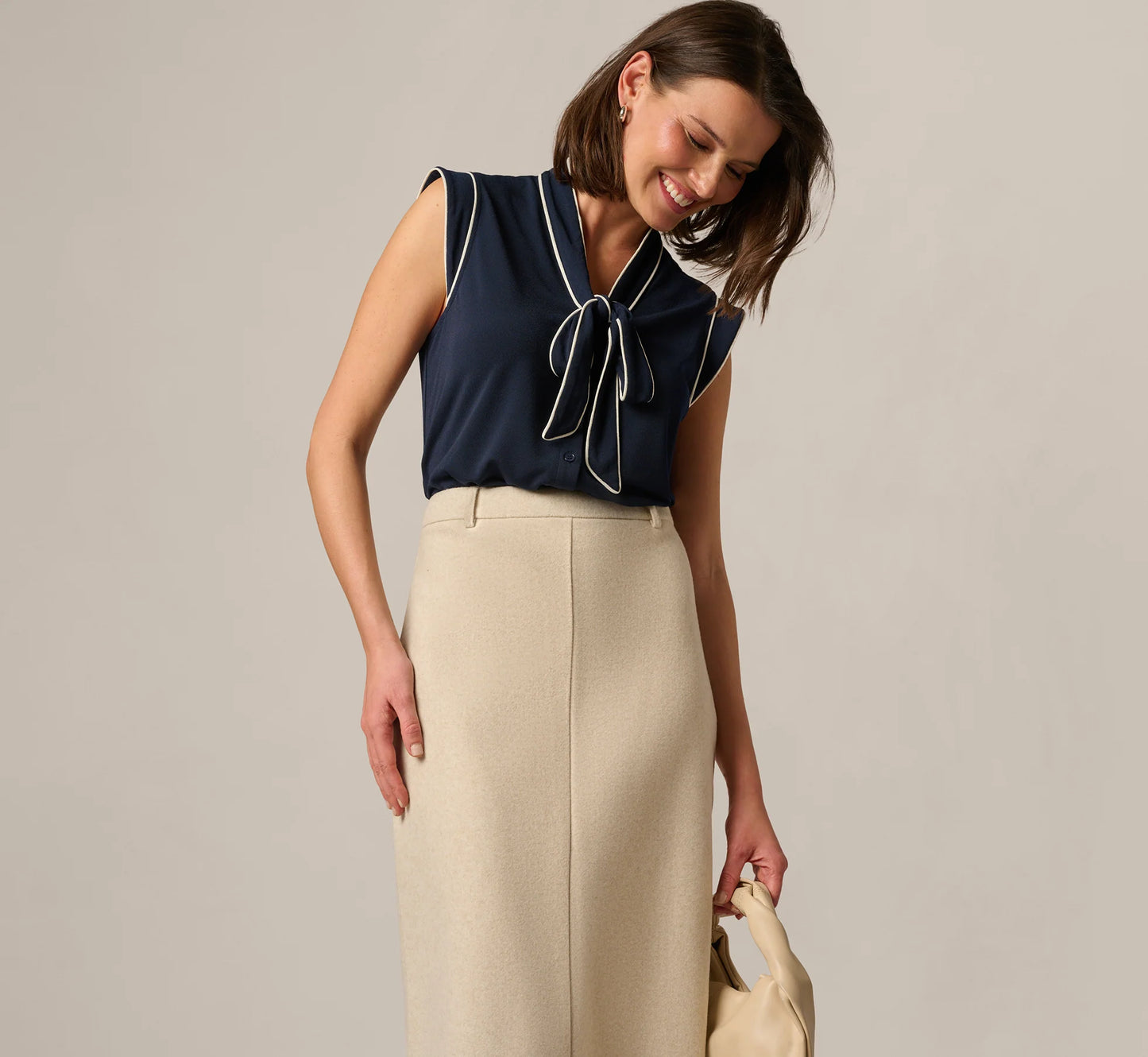 Cap Sleeve Tie Neck Blouse In Blue Moon Ivory