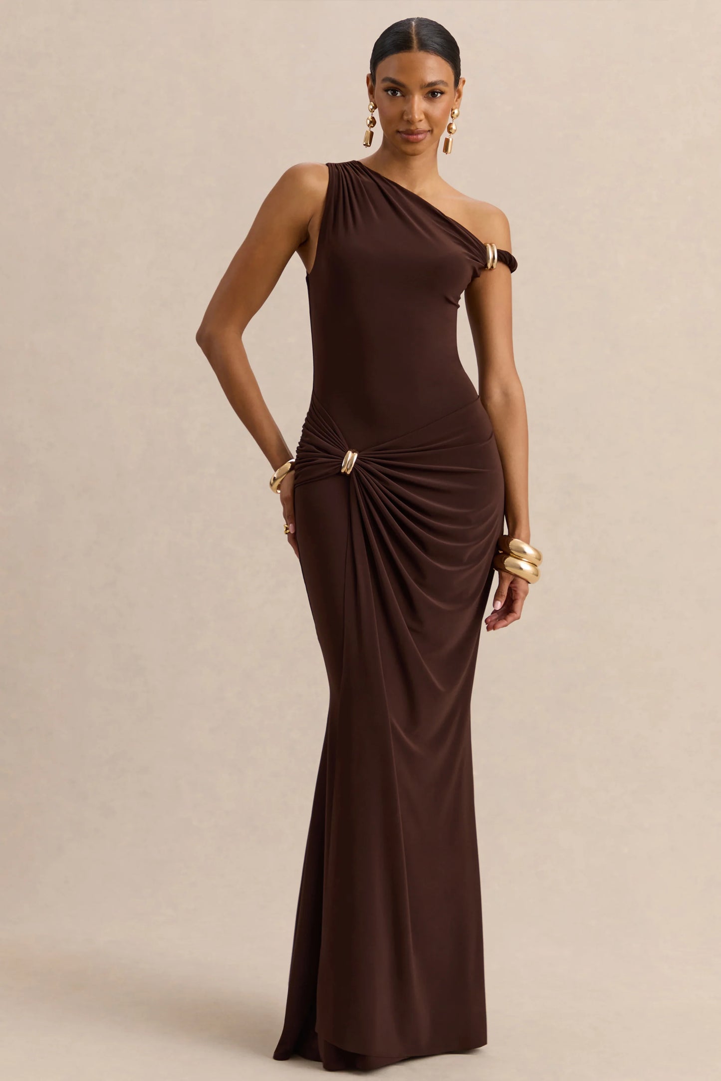 Caelia Brown Asymmetric-Neck Maxi Dress With Gold-Detailing And Sash
