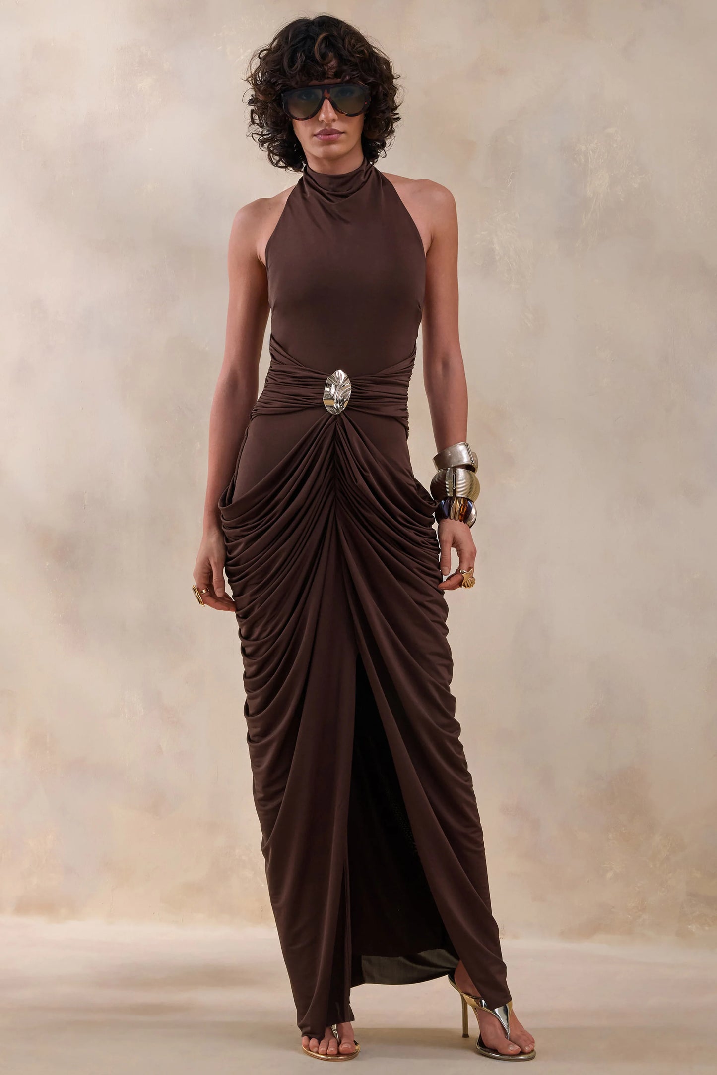 Horizon Brown High-Neck Maxi Dress With Draped Detailing