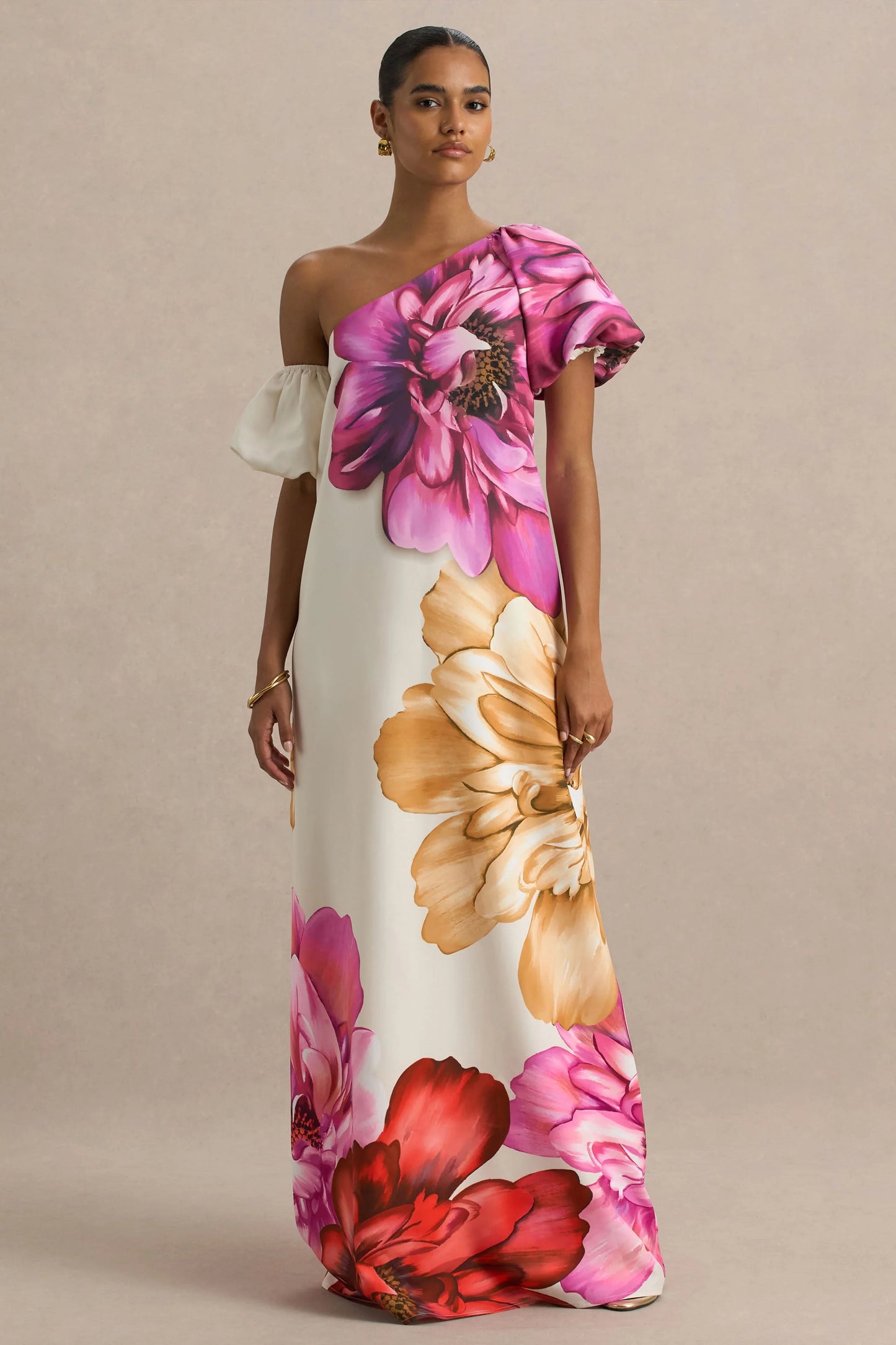 Anastasia Large Multi-Floral Print Asymmetric-Neck Maxi Dress