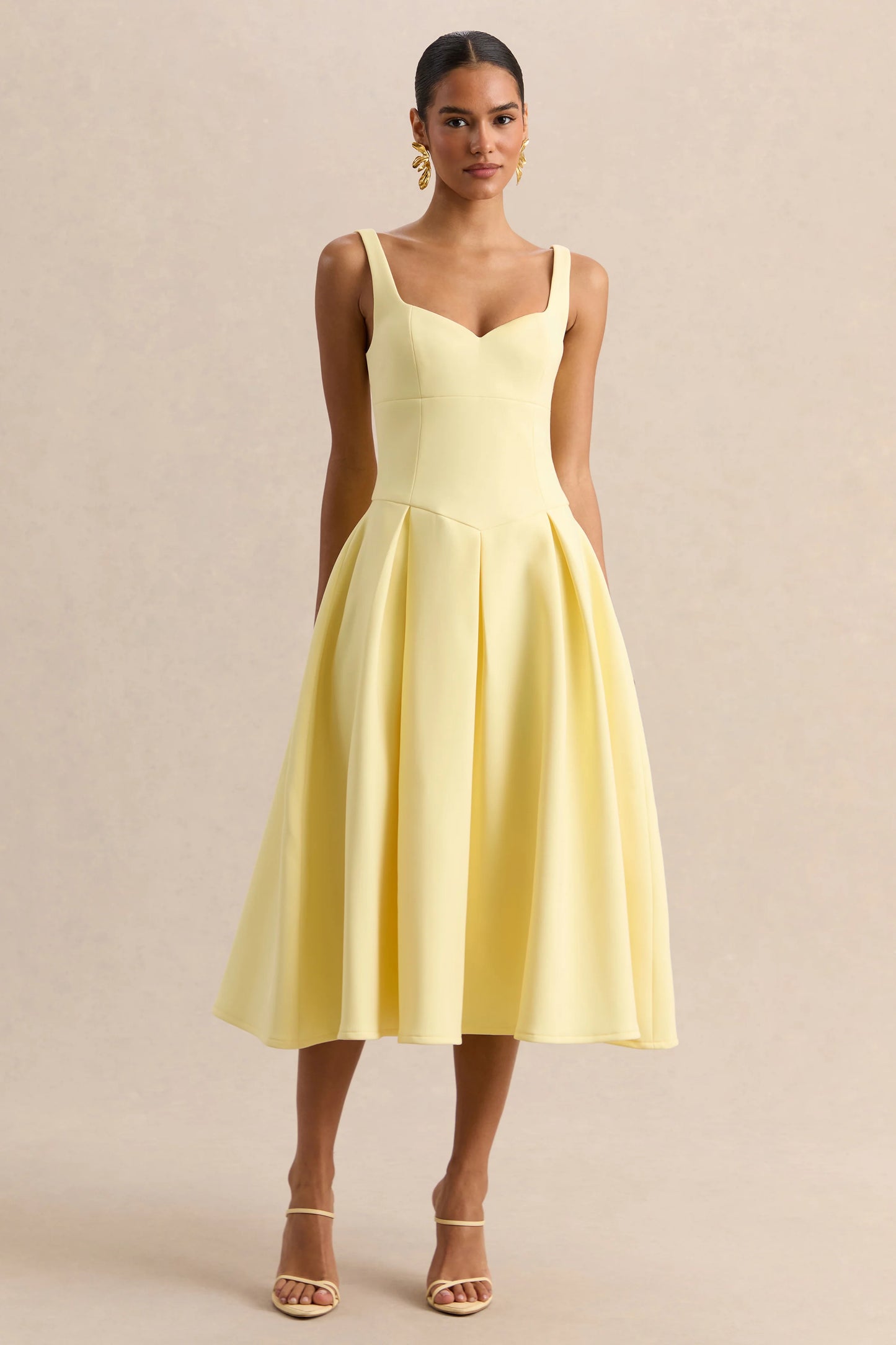 Greta Lemon Sweetheart-Neck Midi Dress