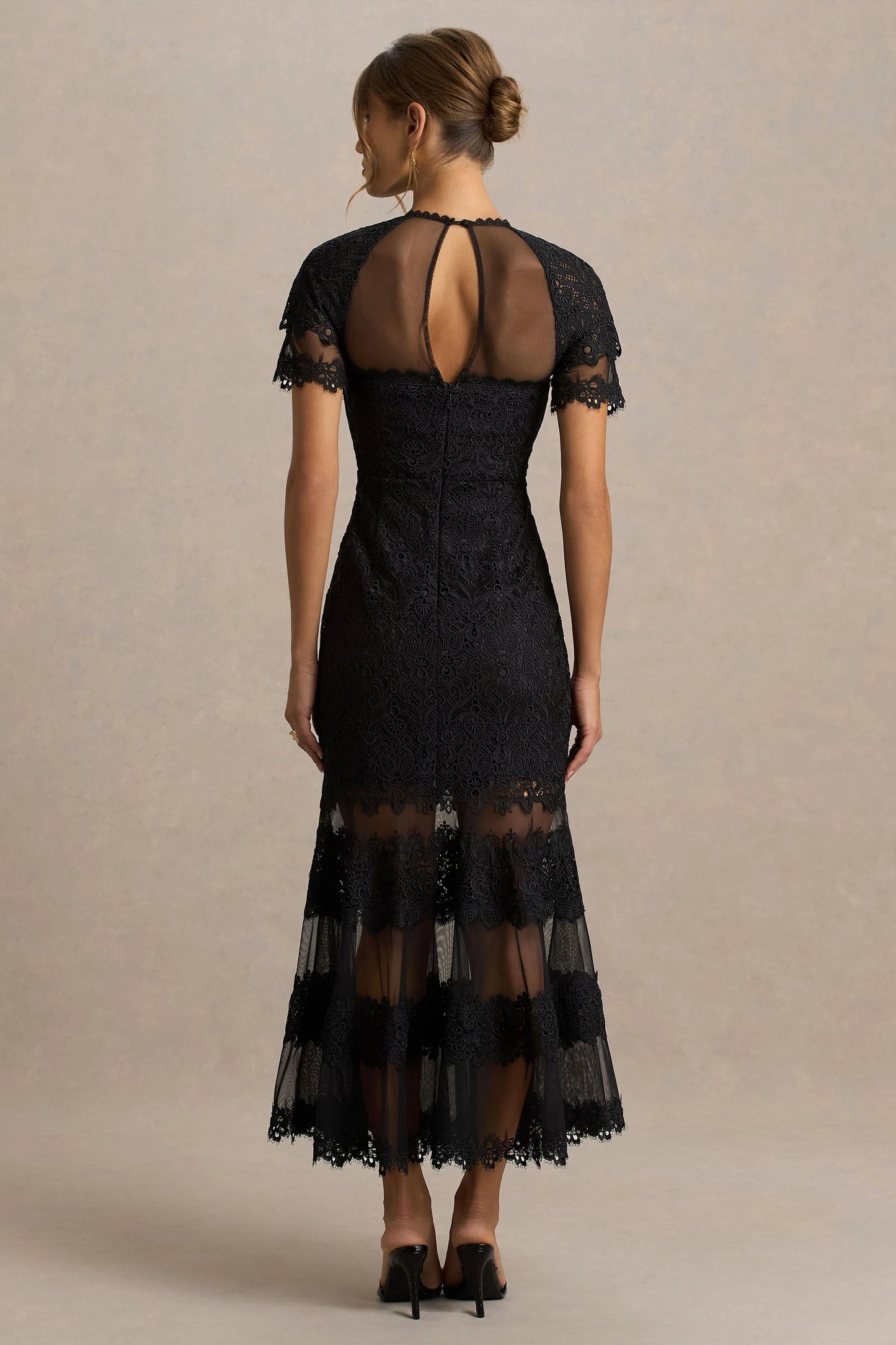 Leanne Black Mesh And Lace Crew-Neck Fishtail Midi Dress