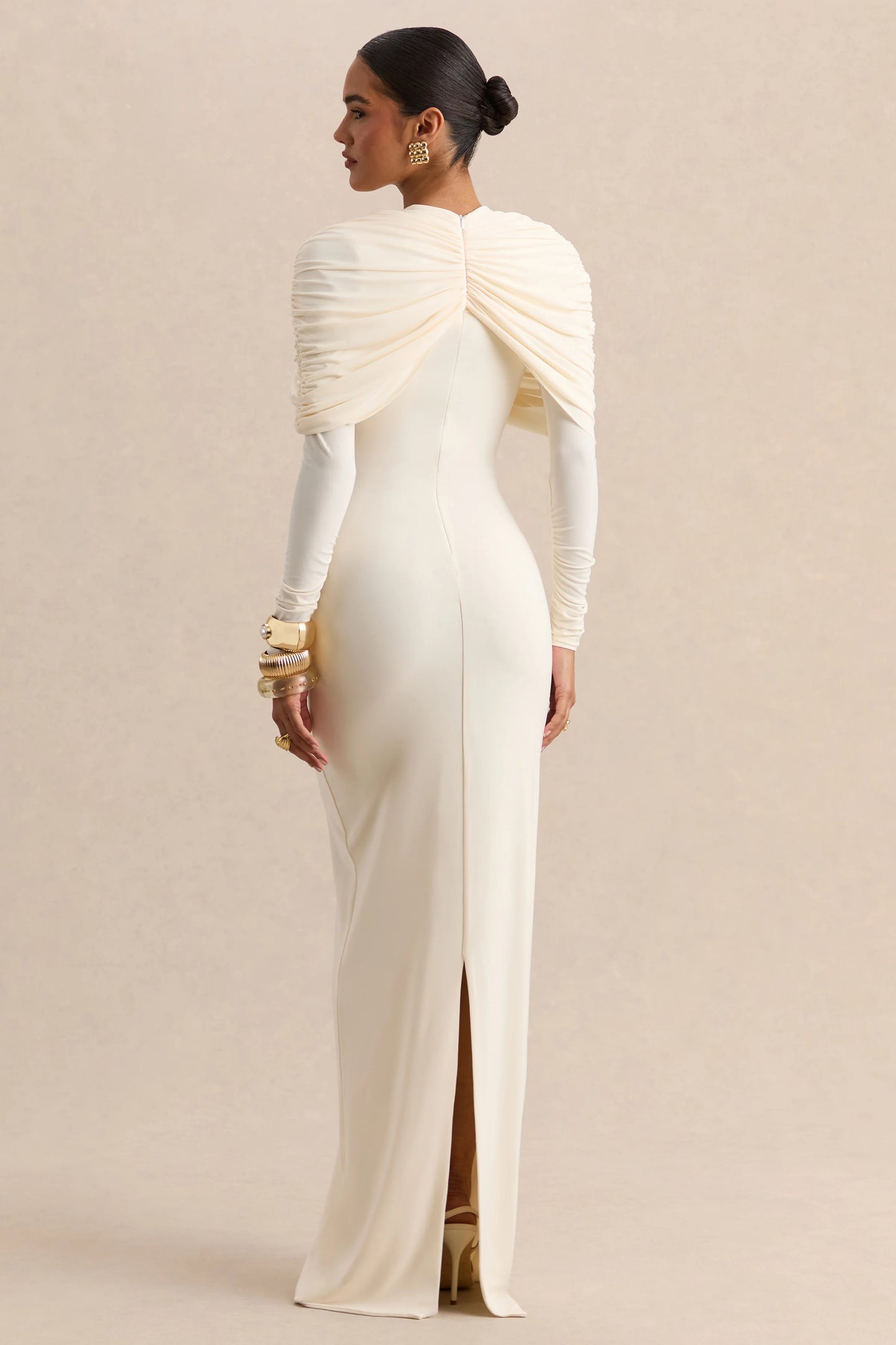 Evessa Cream Crew-Neck Maxi Dress With Gathered-Detailing