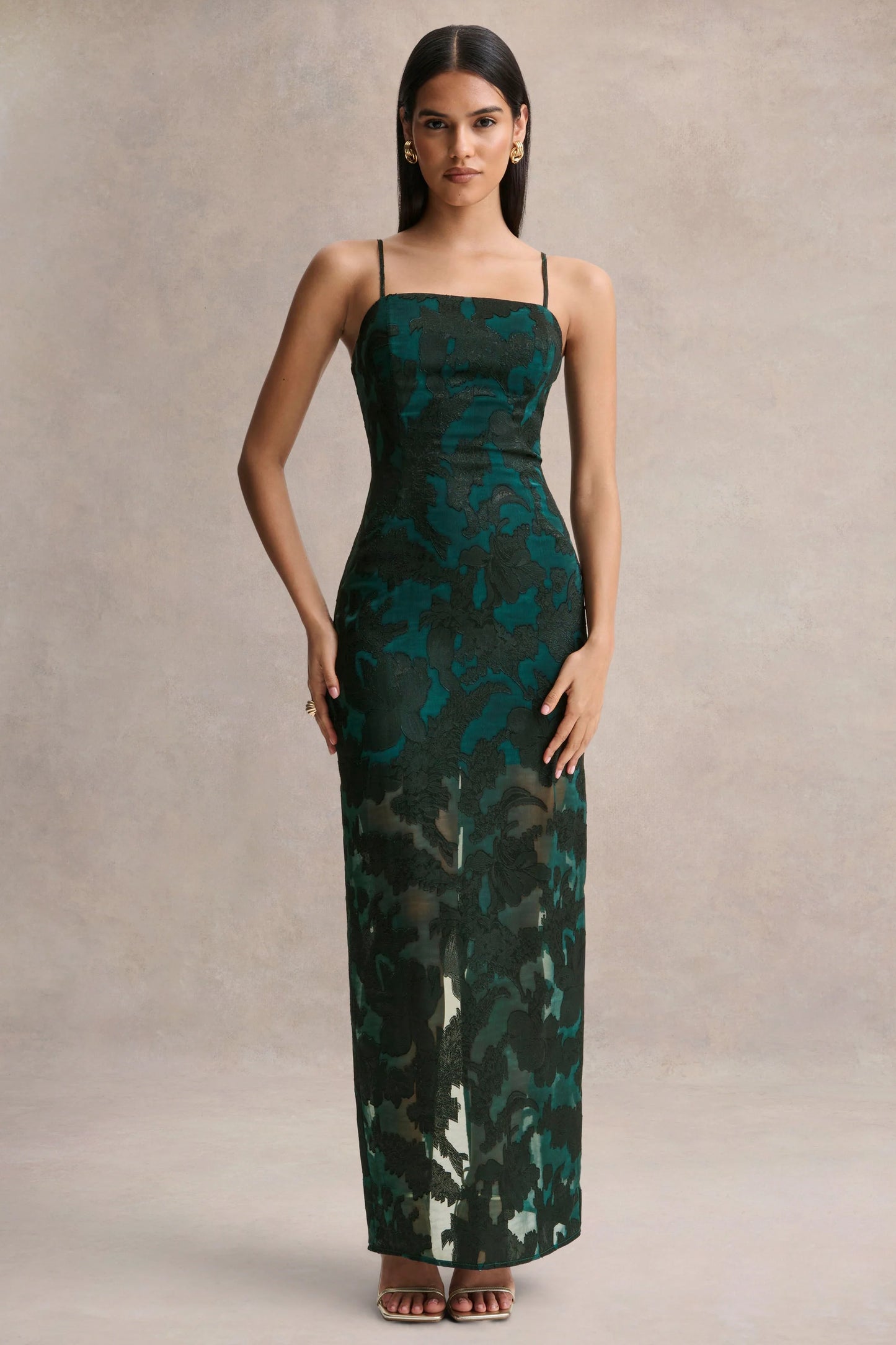 Hada Dark Green Satin Devore Square-Neck Maxi Dress With Removable Twisted-Cape