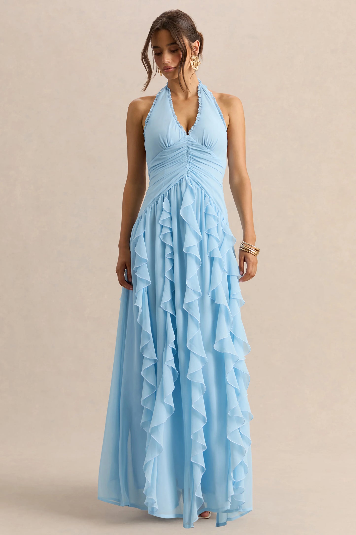 Bea Powder Blue Plunge-Neck Ruffled Maxi Dress