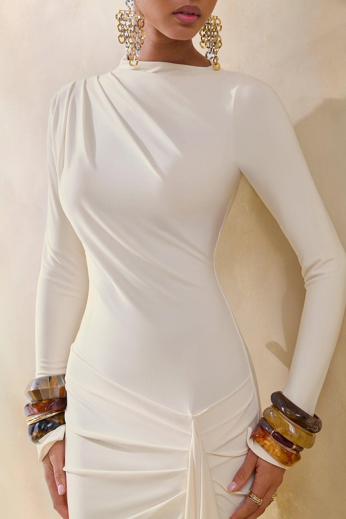 Karessa Cream High-Neck Maxi Dress With Gathered Detailing And Front-High Split