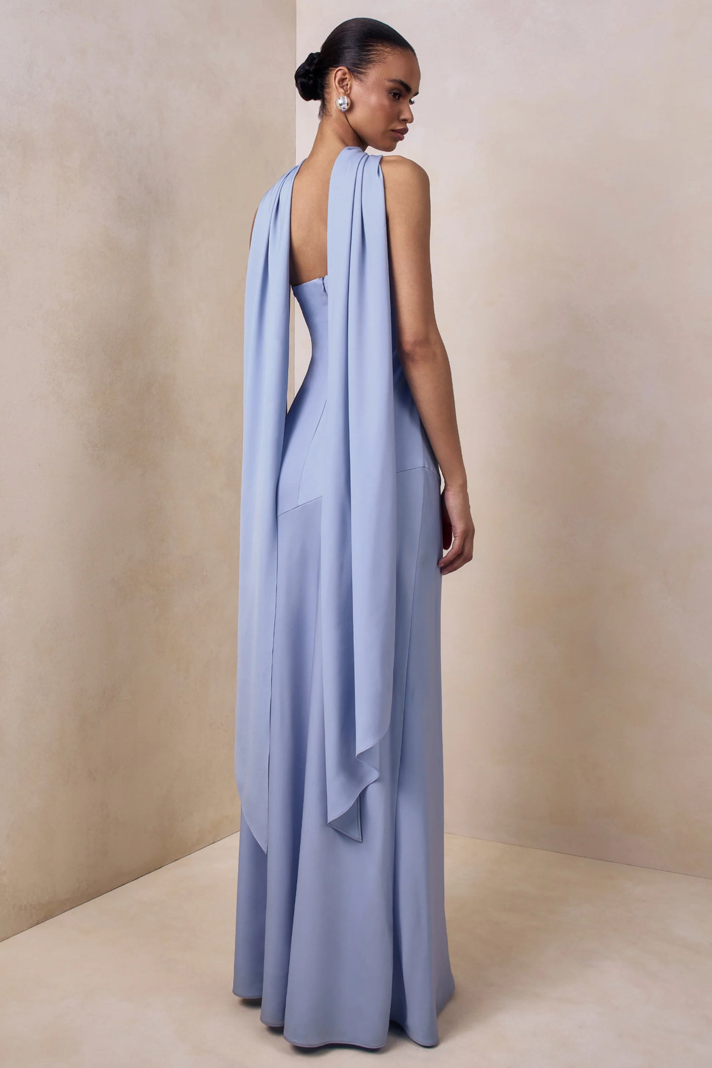 Charly Powder Blue Matte Satin Bandeau Maxi Dress With Scarf-Detail