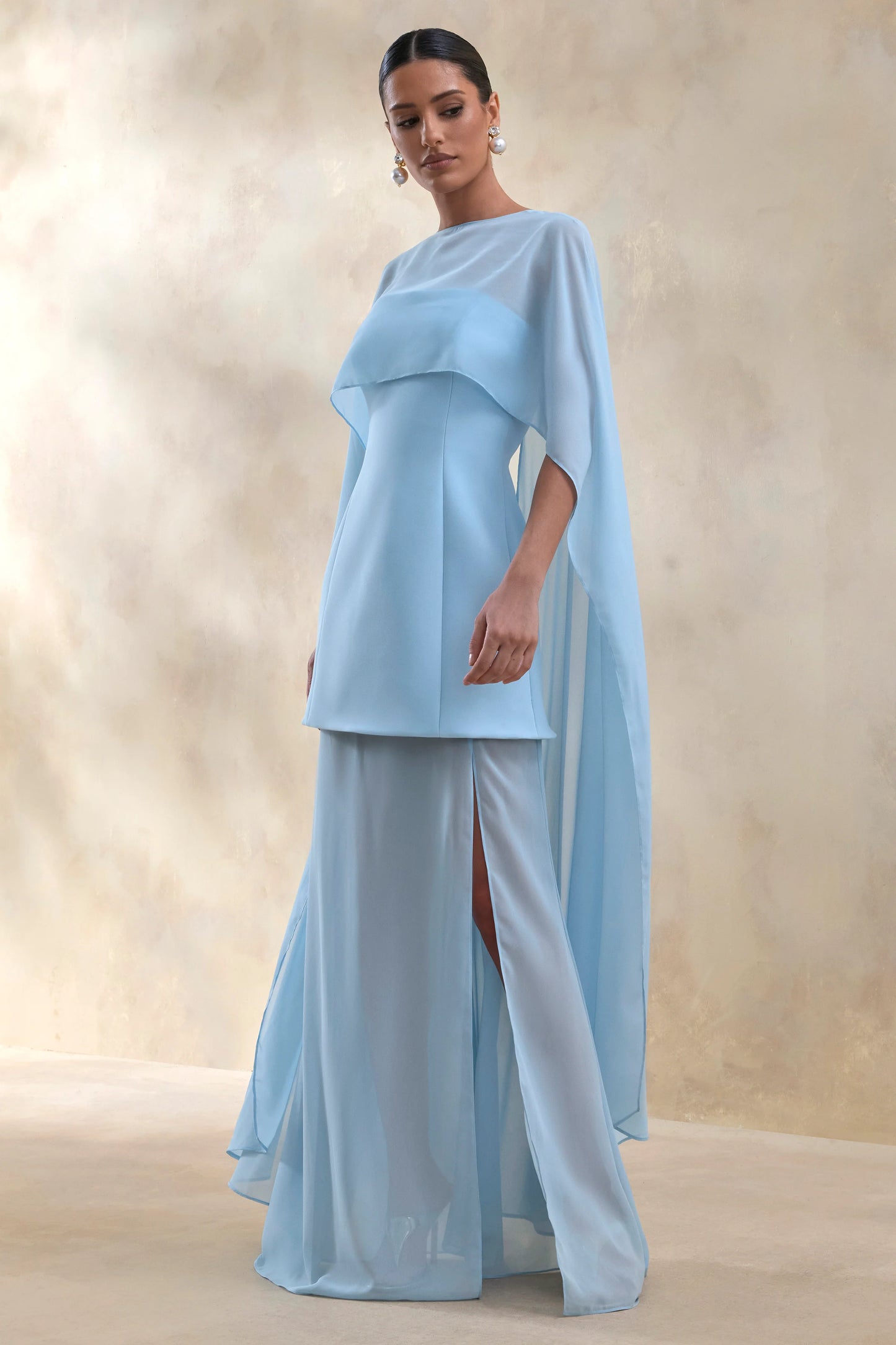 Chessa Powder Blue Boat-Neck Maxi Dress With Sheer Cape