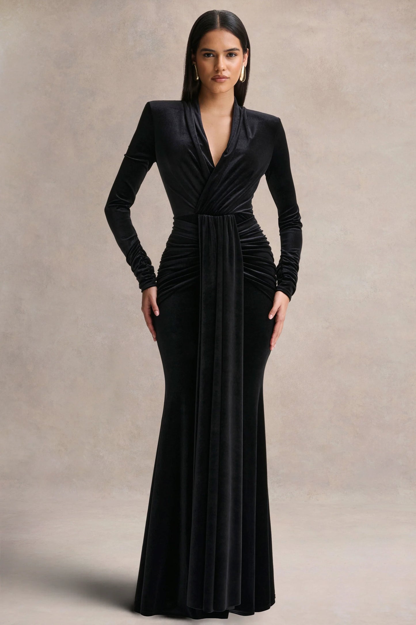 Halima Black Velvet Plunge-Neck Maxi Dress With Gathered Detailing