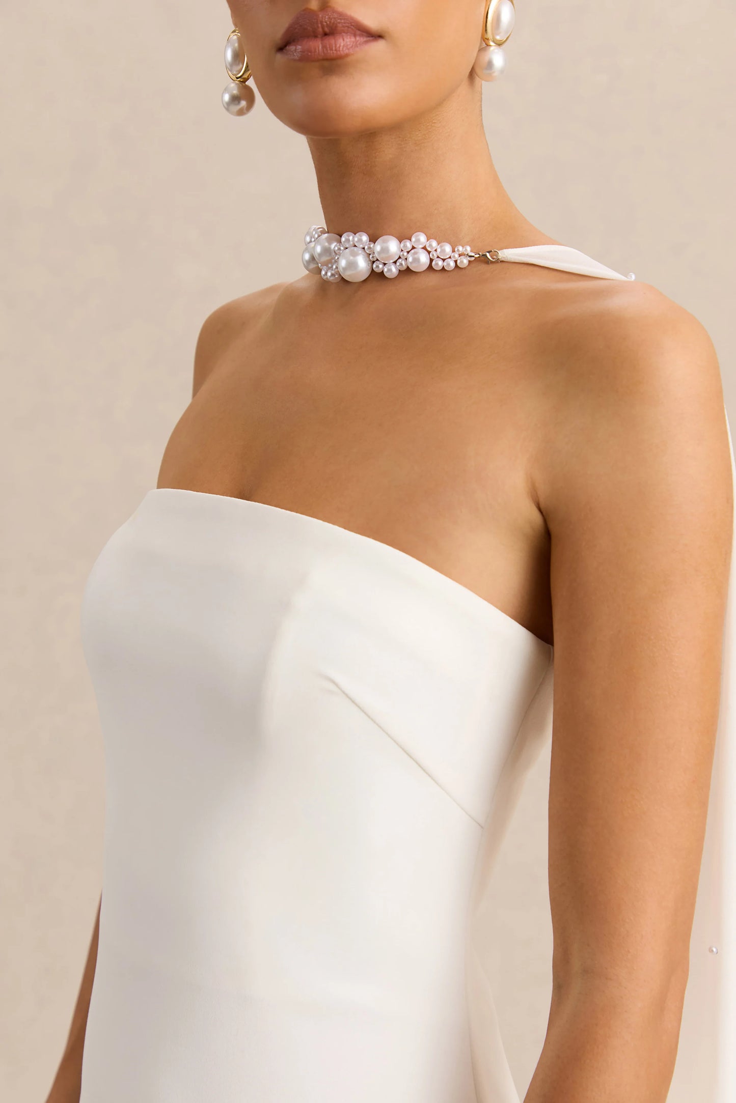 Alina White Bandeau Maxi-Dress With Cape
